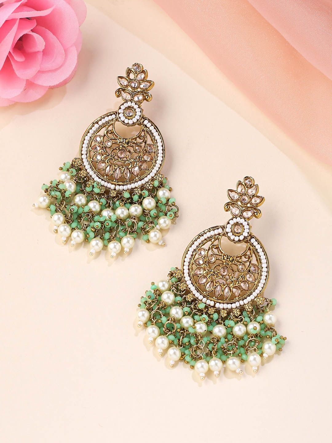 

Yellow Chimes Gold-Plated Kundan-Studded Beaded Drop Earrings