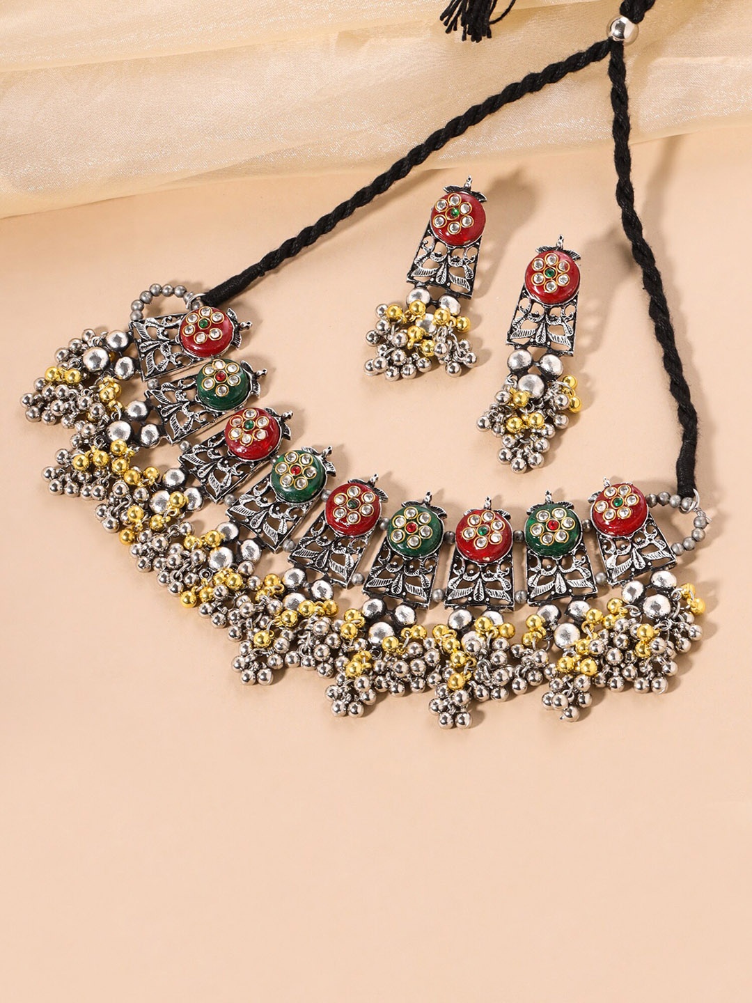 

Yellow Chimes Silver-Plated Oxidised Choker Necklace and Earrings