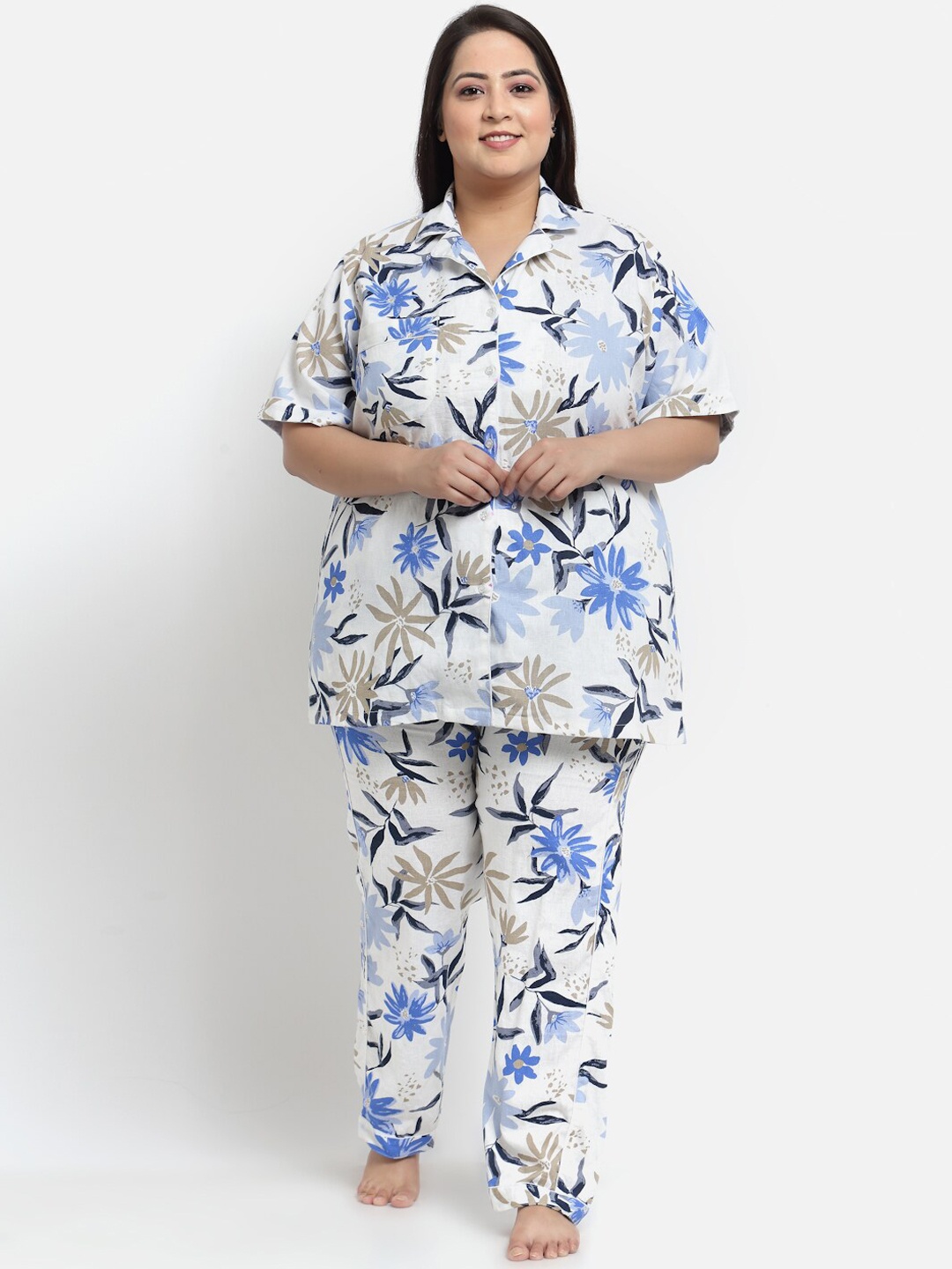 

KLOTTHE Plus Size Floral Printed Pure Cotton Night Suit, White