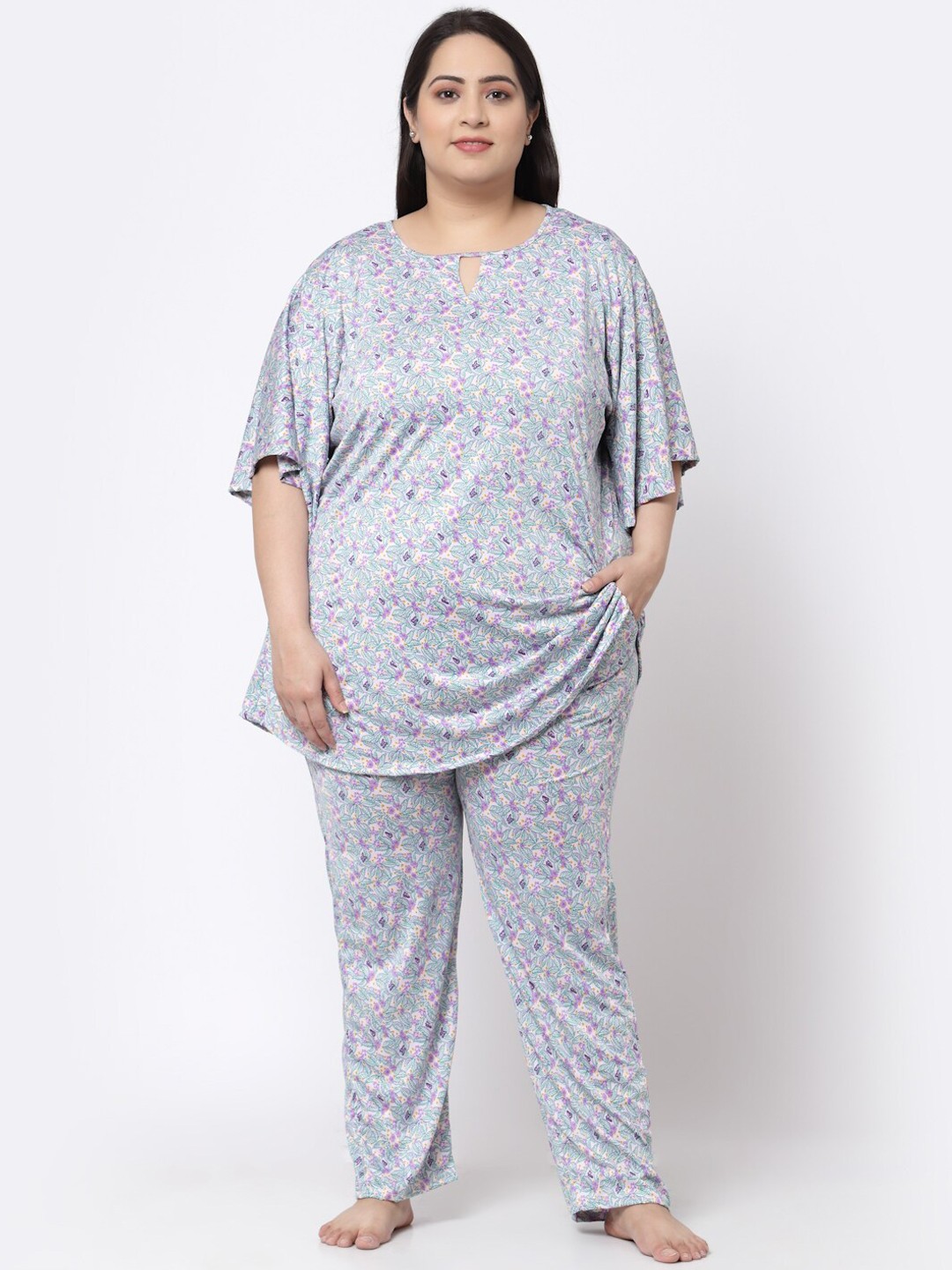 

KLOTTHE Plus Size Floral Printed Night Suit, Blue