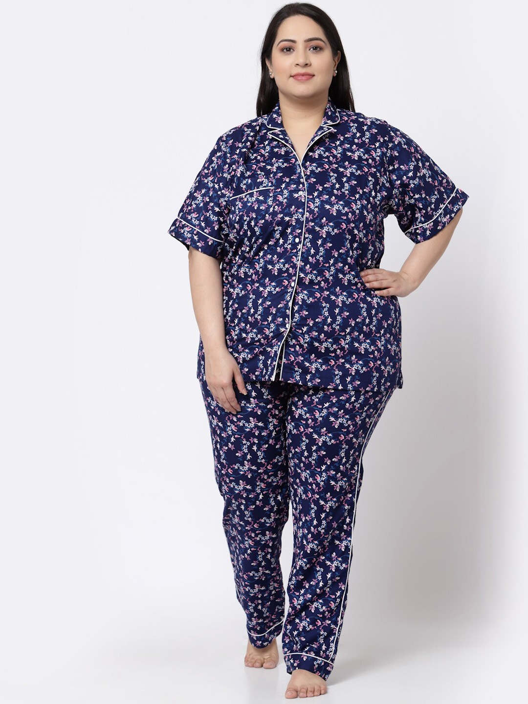 

KLOTTHE Plus Size Floral Printed Pure Cotton Night Suit, Blue