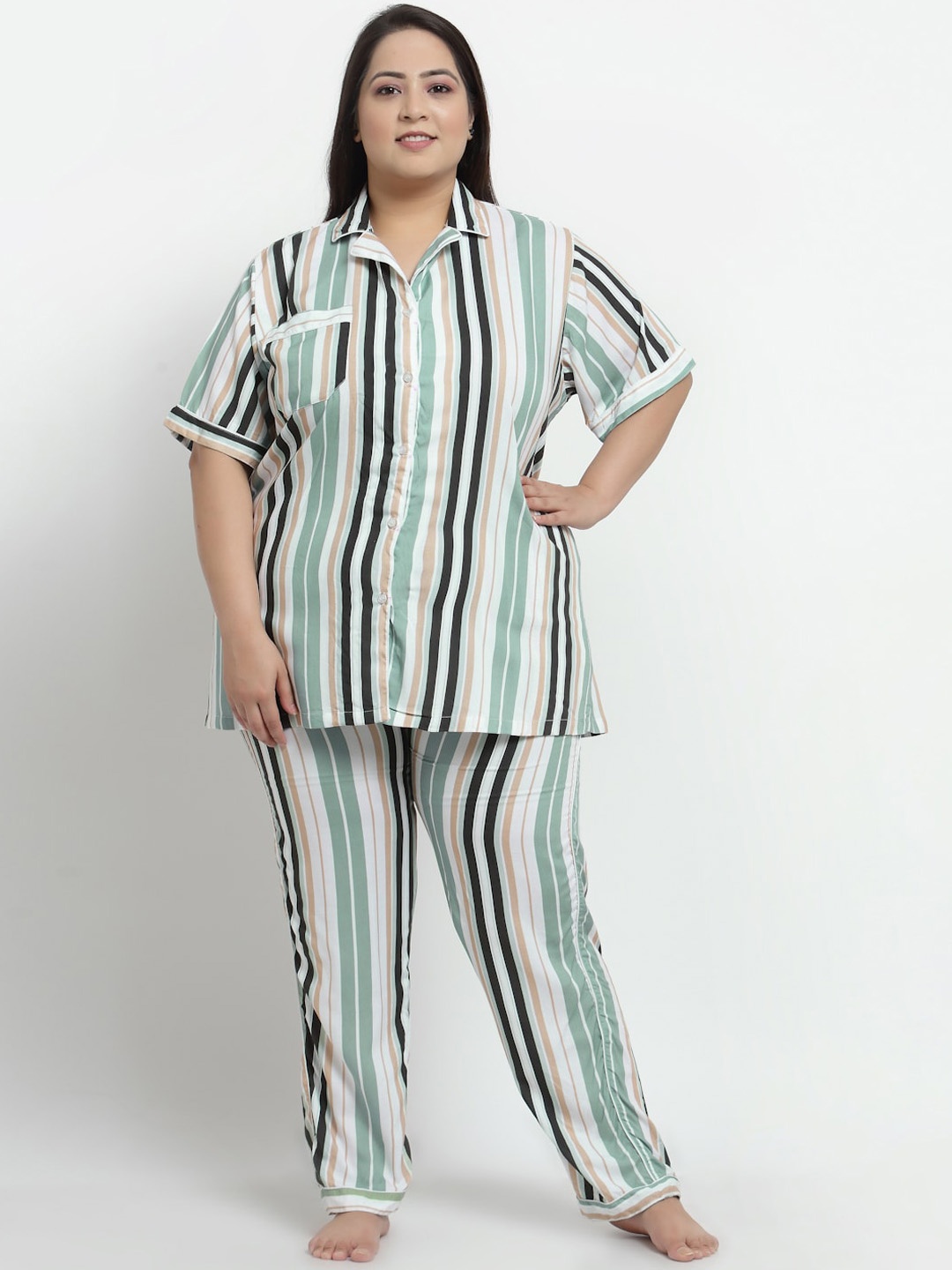 

KLOTTHE Plus Size Striped Pure Cotton Night Suit, Green