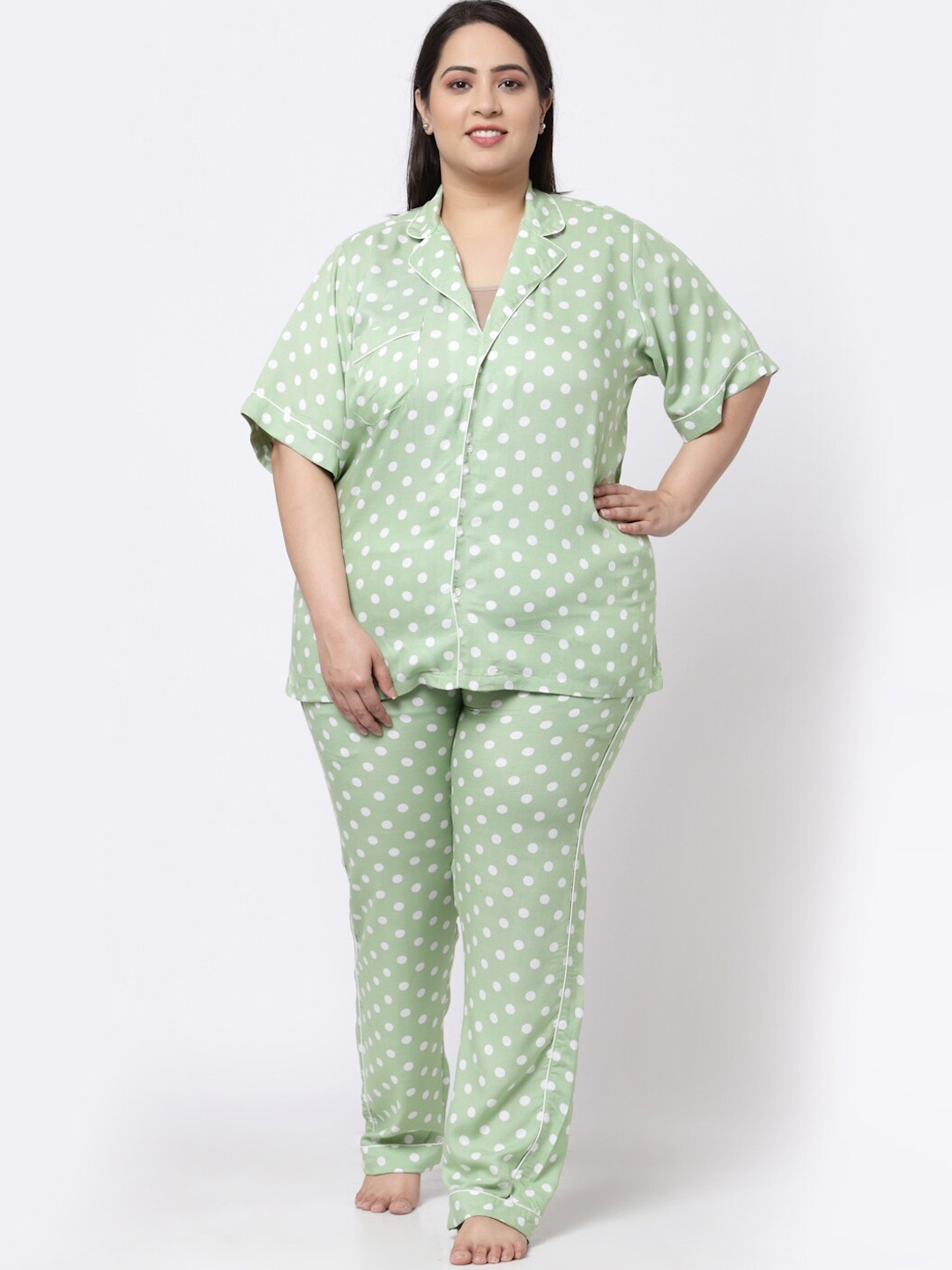 

KLOTTHE Plus Size Polka Dots Printed Pure Cotton Night Suit, Green