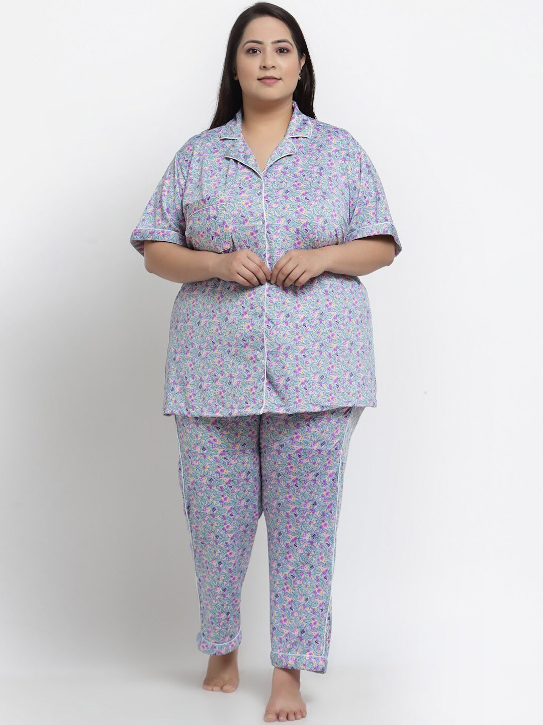 

KLOTTHE Plus Size Floral Printed Night Suit, Blue