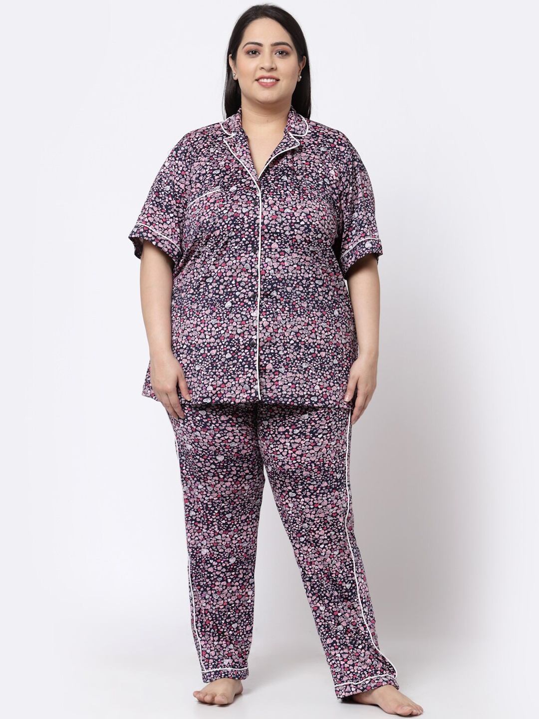 

KLOTTHE Plus Size Conversational Printed Night Suit, Black