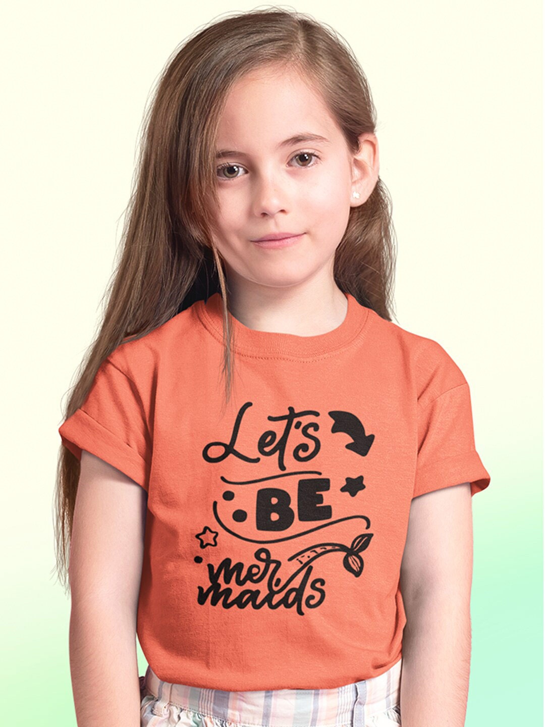 

KINSEY Girls Typography Printed Round Neck Cotton T-shirt, Peach