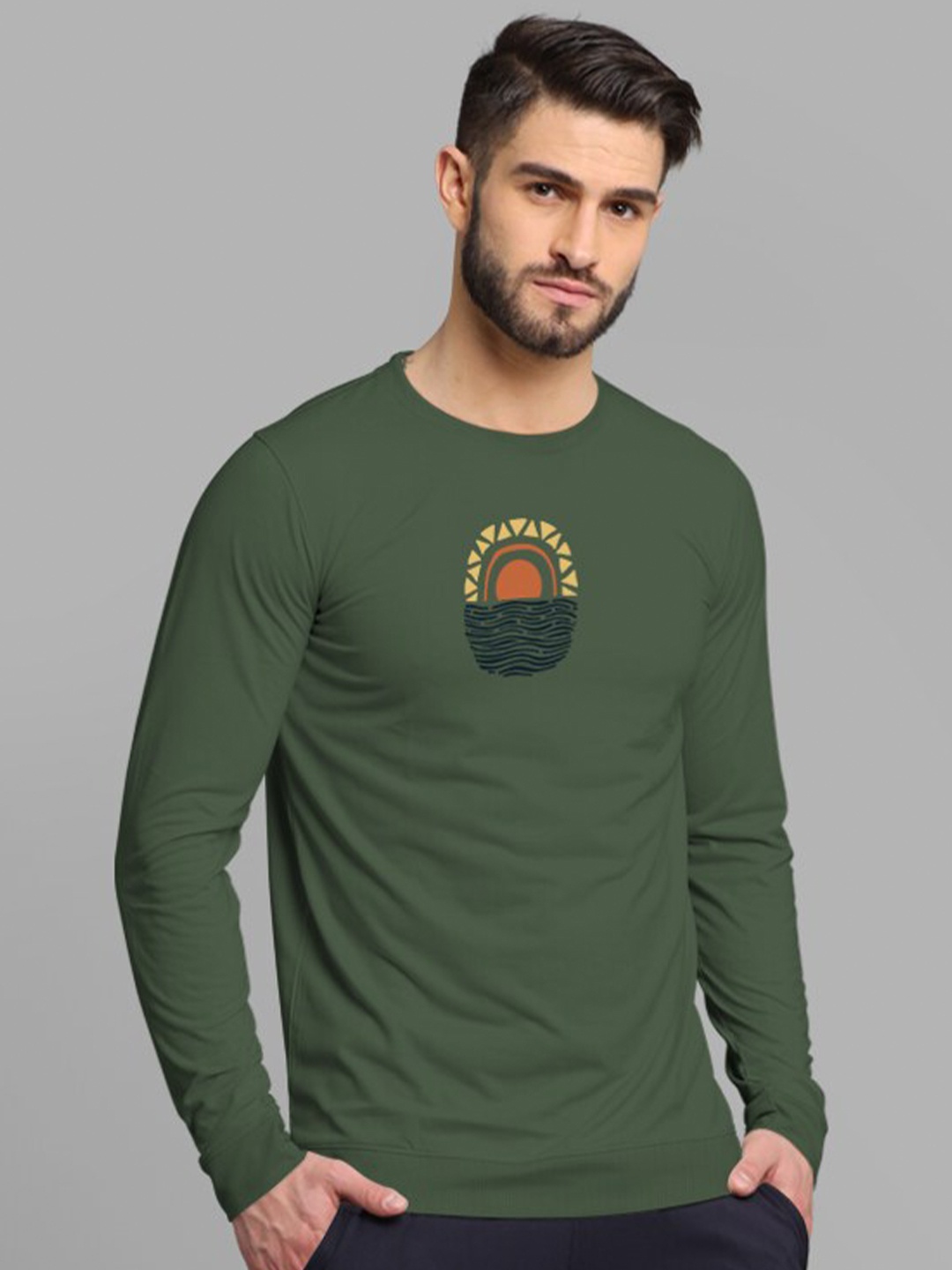 

BULLMER Graphic Printed Round Neck Cotton Sweatshirt, Olive