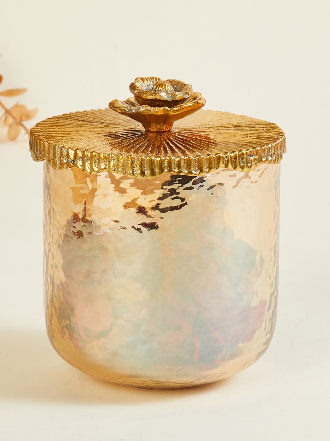 

Home Centre Textured Glass With Metal Lid Figurine Showpiece, Gold