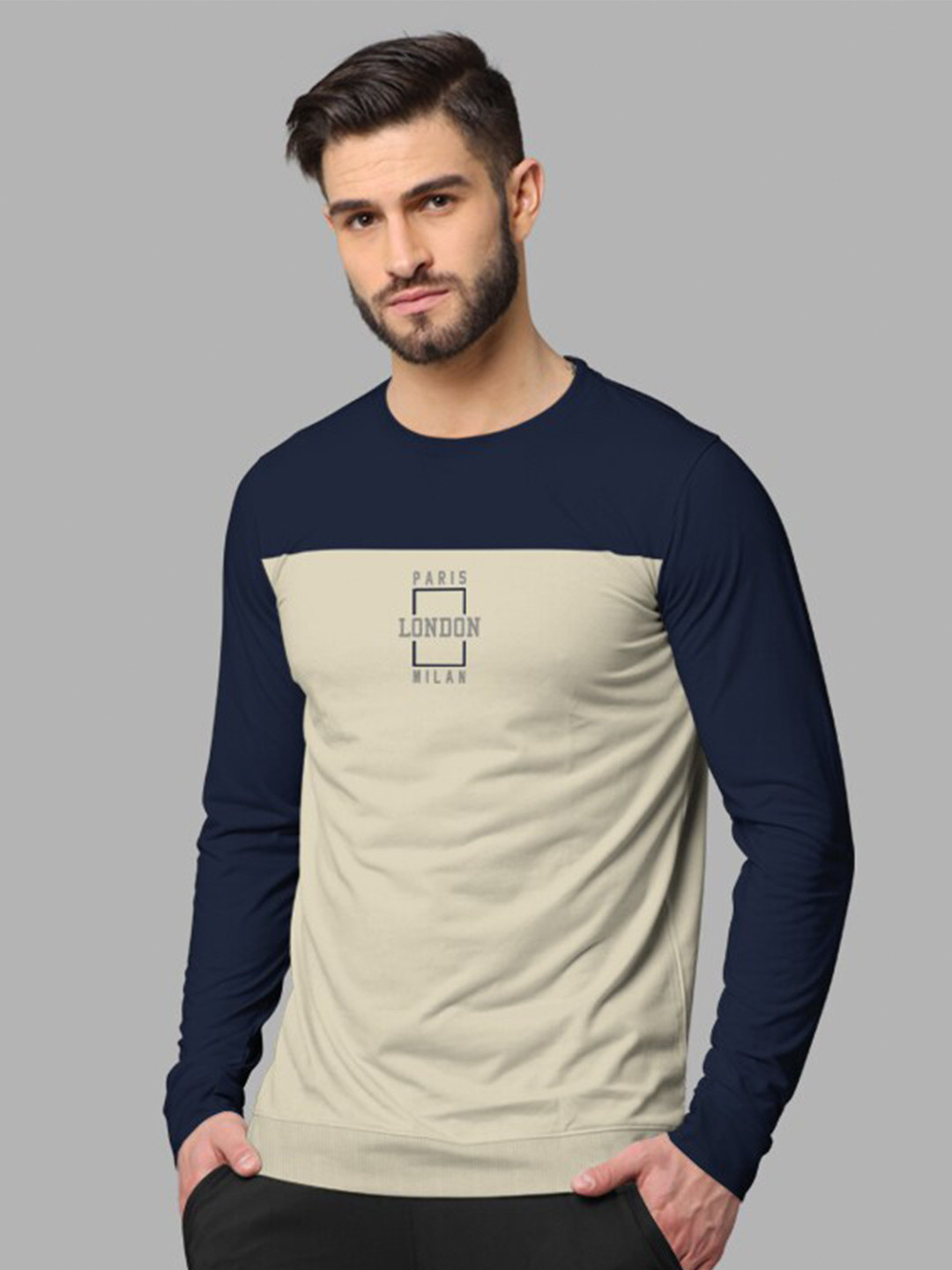 

BULLMER Typography Printed Colourblocked Round Neck Cotton Sweatshirt, Navy blue