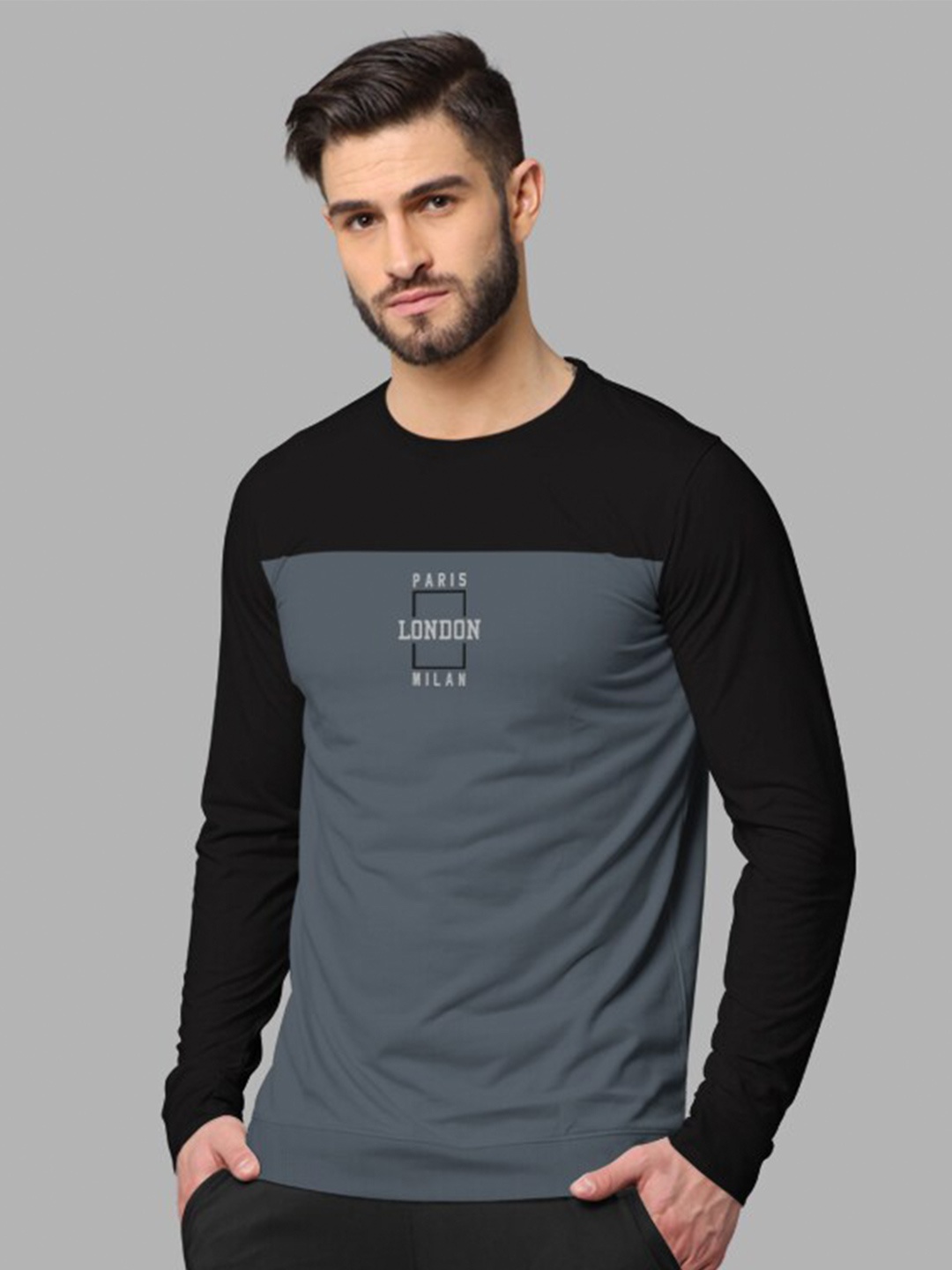 

BULLMER Typography Printed Colourblocked Round Neck Cotton Sweatshirt, Black