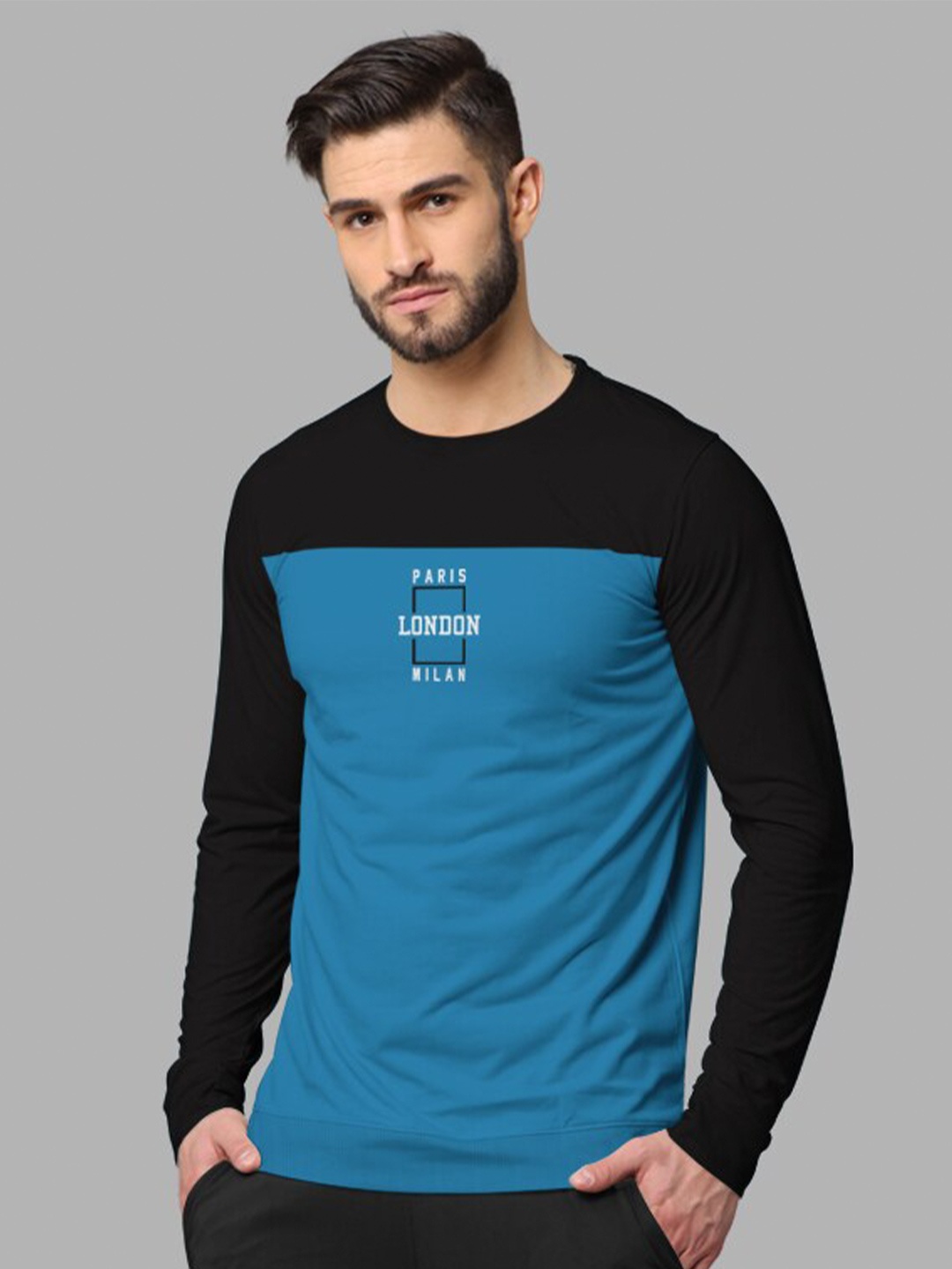 

BULLMER Typography Printed Colourblocked Round Neck Cotton Sweatshirt, Black
