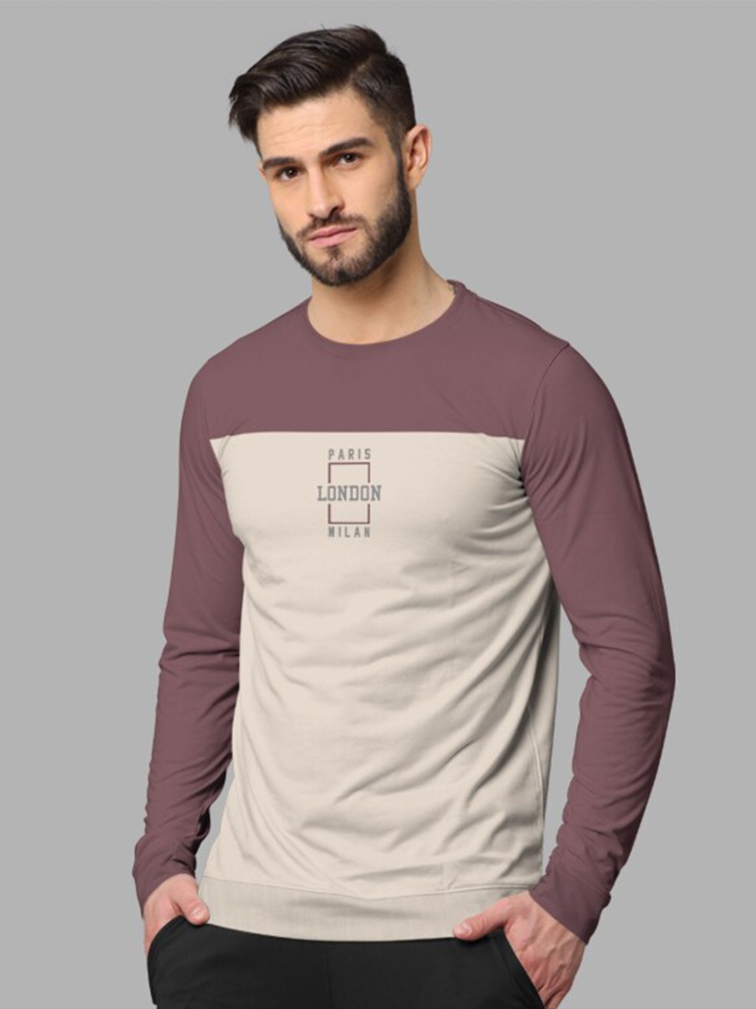 

BULLMER Round Neck Colourblocked Cotton Pullover Sweatshirt, Taupe