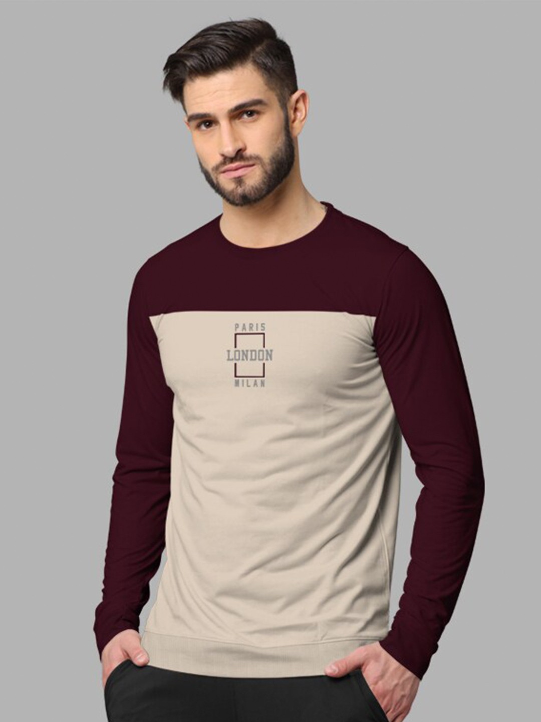 

BULLMER Round Neck Colourblocked Cotton Pullover Sweatshirt, Burgundy