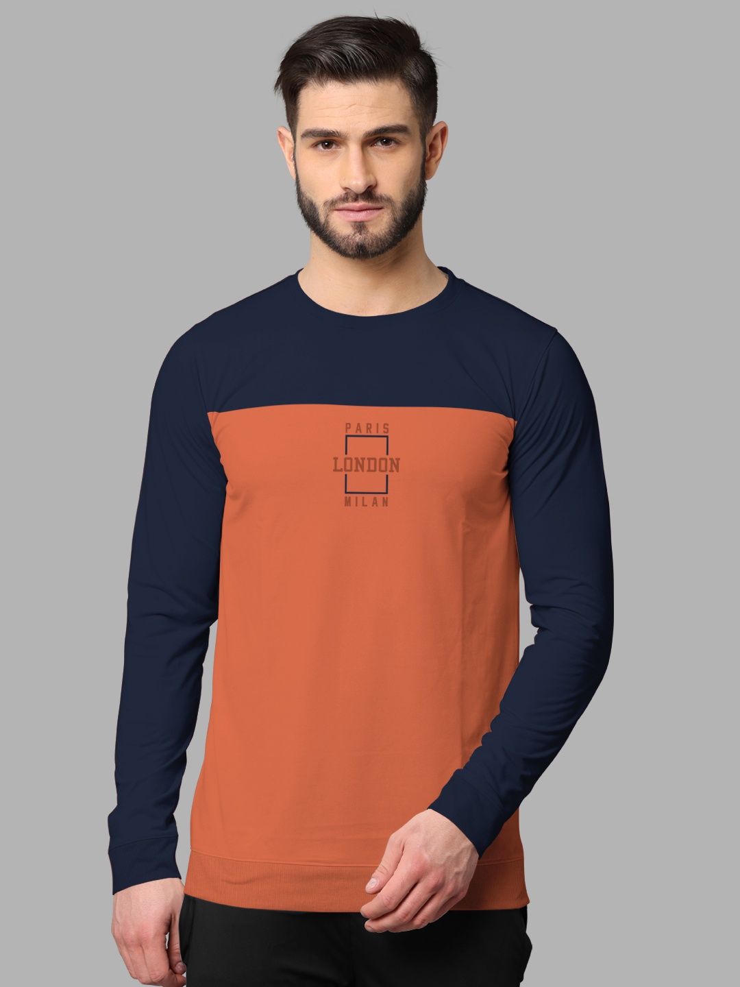 

BULLMER Round Neck Colourblocked Cotton Pullover Sweatshirt, Navy blue