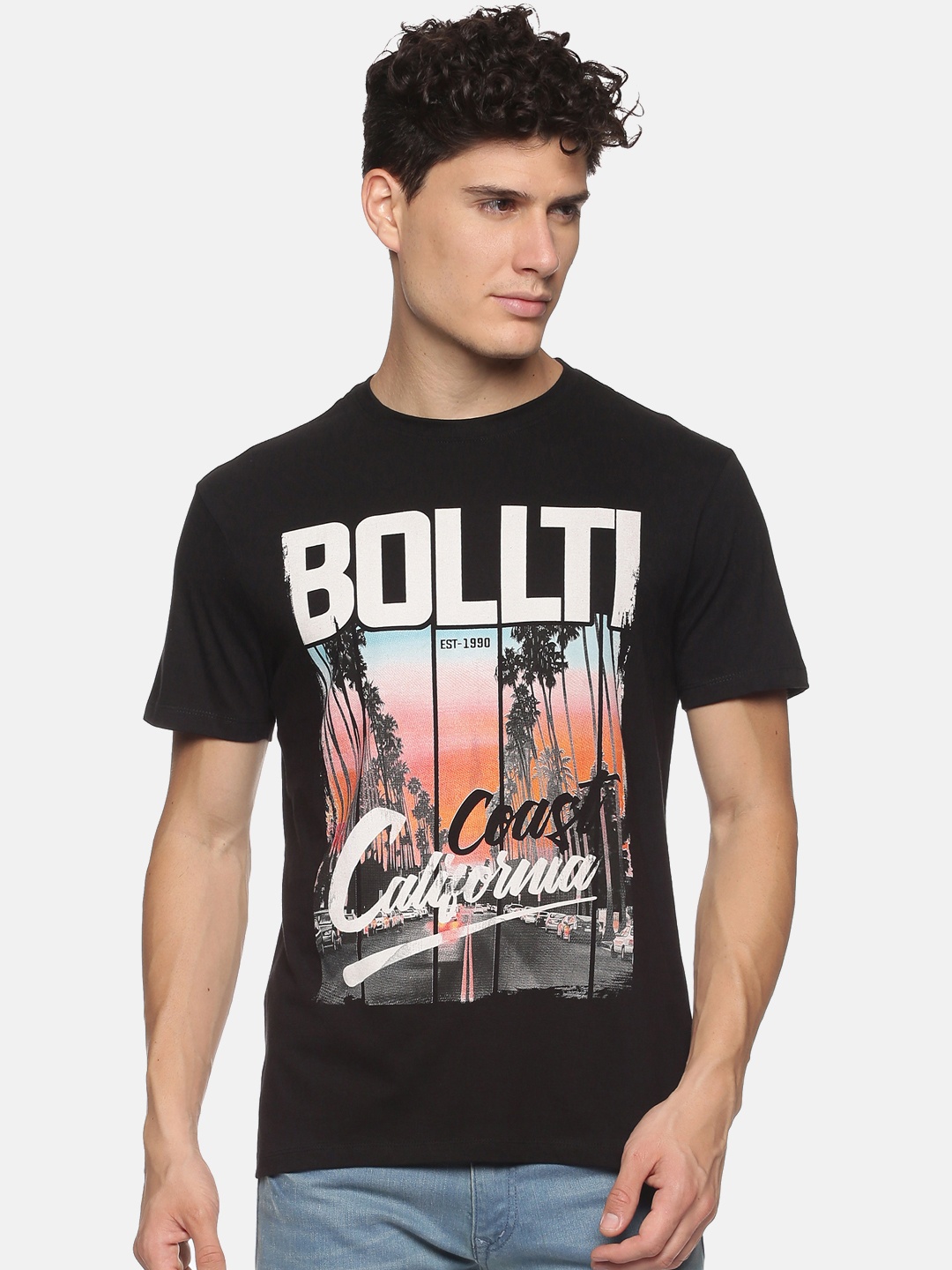 

bollti Graphic Printed Pure Cotton Casual T-Shirt, Black