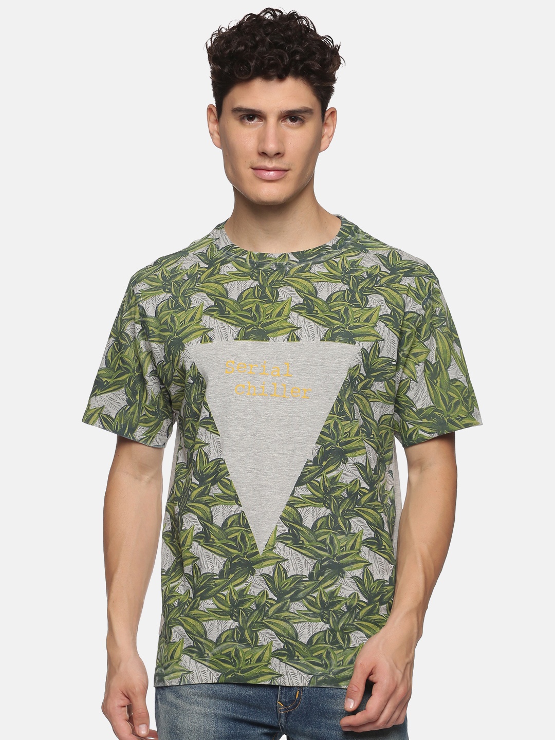 

bollti Tropical Printed Round Neck Short Sleeves Pure Cotton T-shirt, Grey