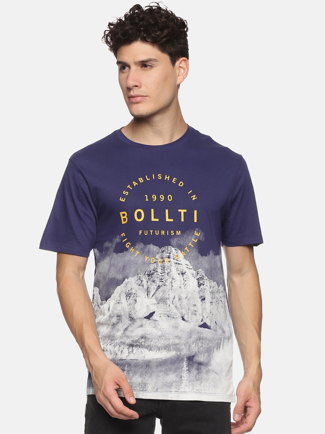 

bollti Graphic Printed Cotton T-Shirt, Navy blue