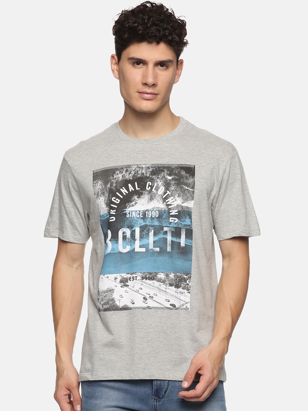 

bollti Graphic Printed Cotton T-Shirt, Grey