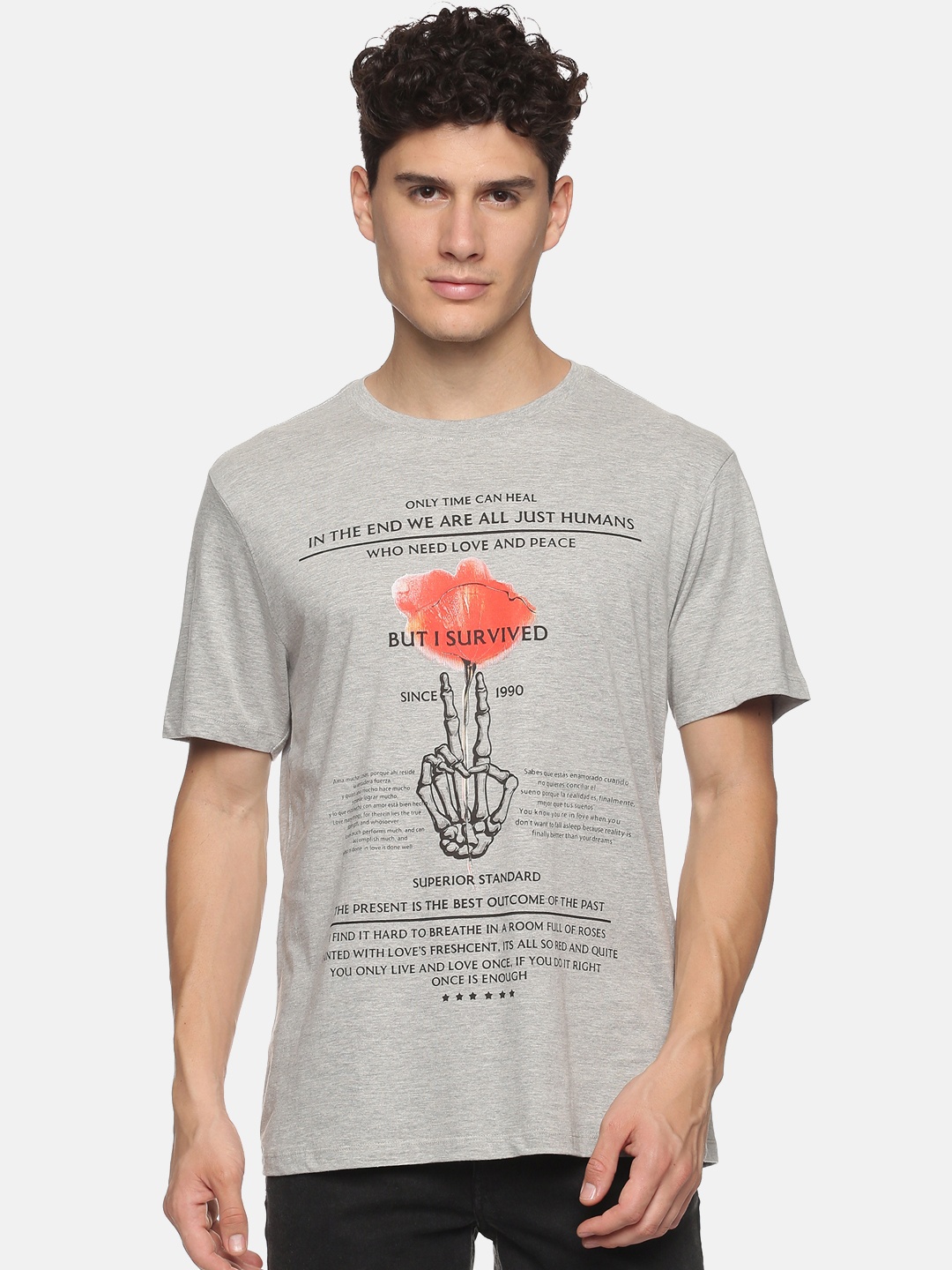

bollti Typography Printed Pure Cotton Casual T-Shirt, Grey