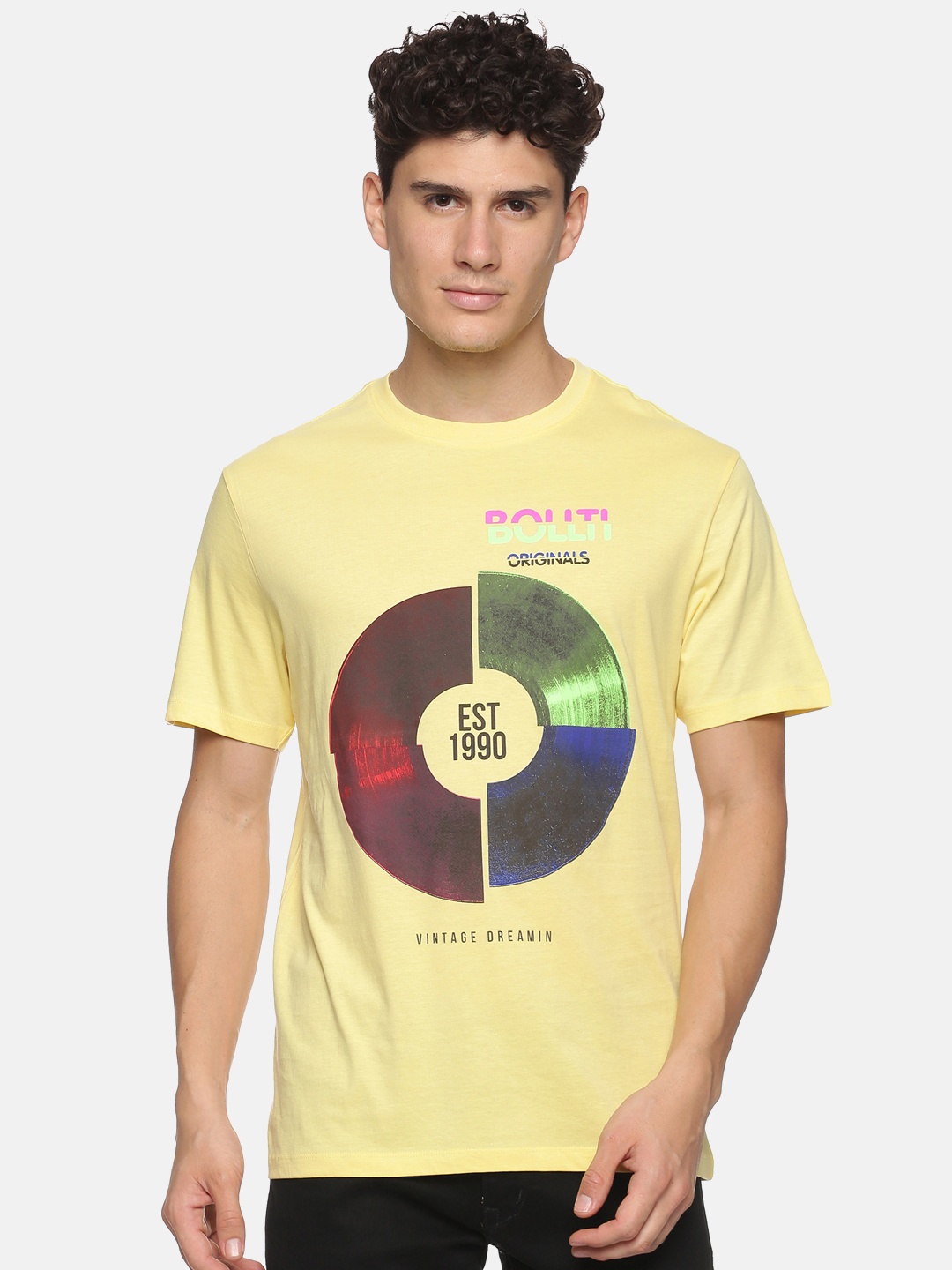 

bollti Graphic Printed Cotton T-Shirt, Yellow