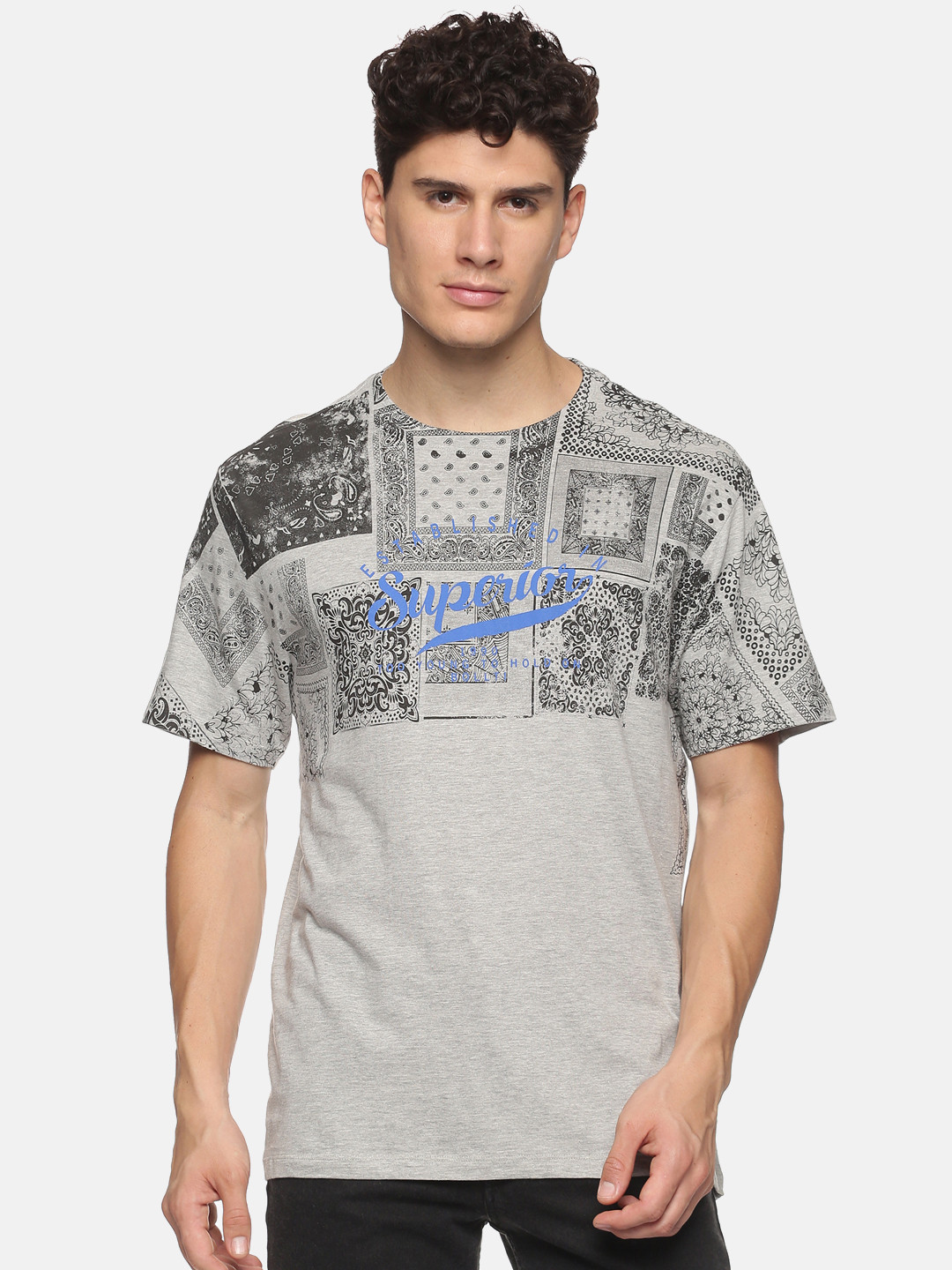 

bollti Ethnic Printed Round Neck Cotton T-shirt, Grey melange