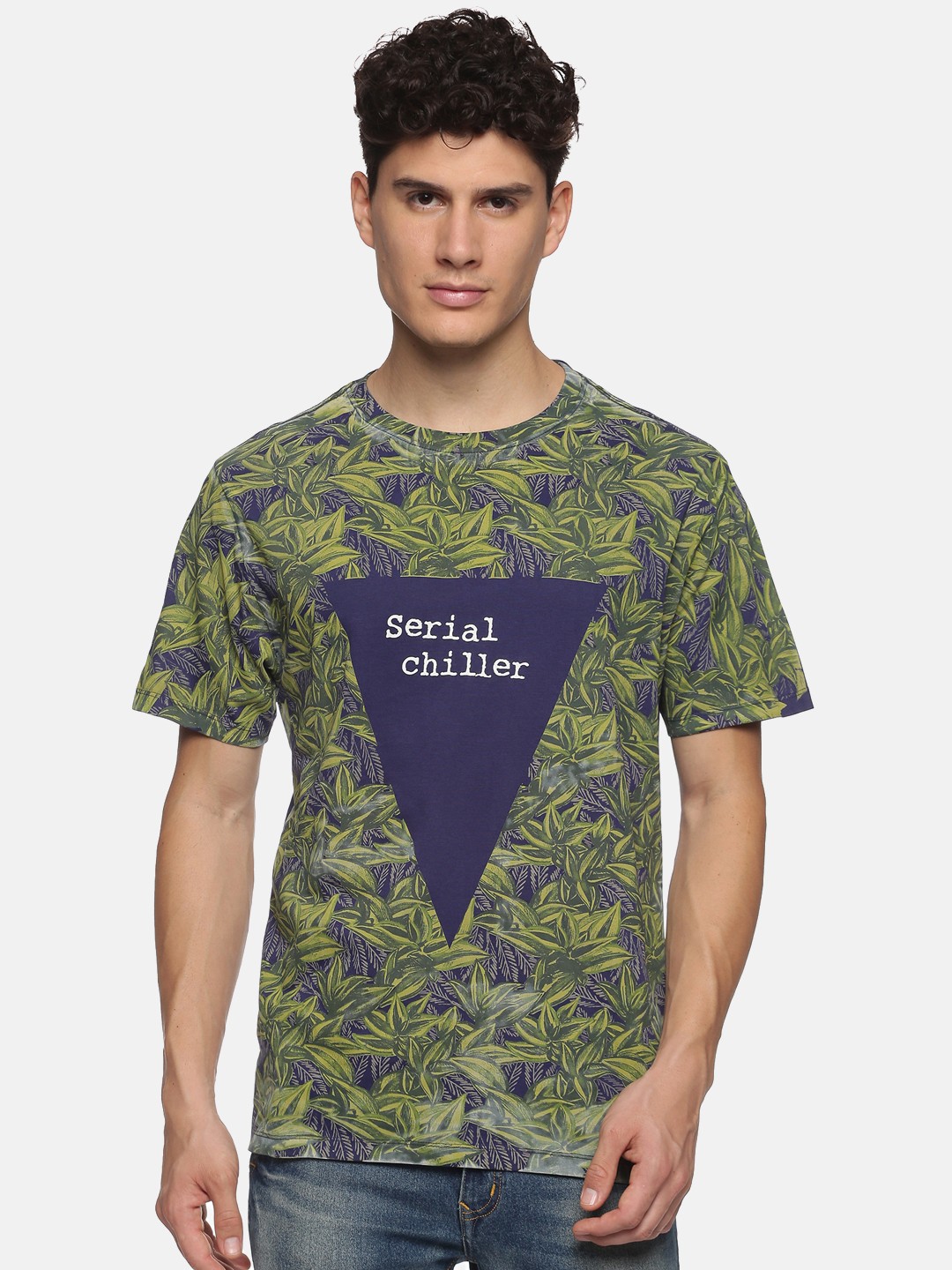 

bollti Tropical Printed Round Neck Cotton T-shirt, Navy blue