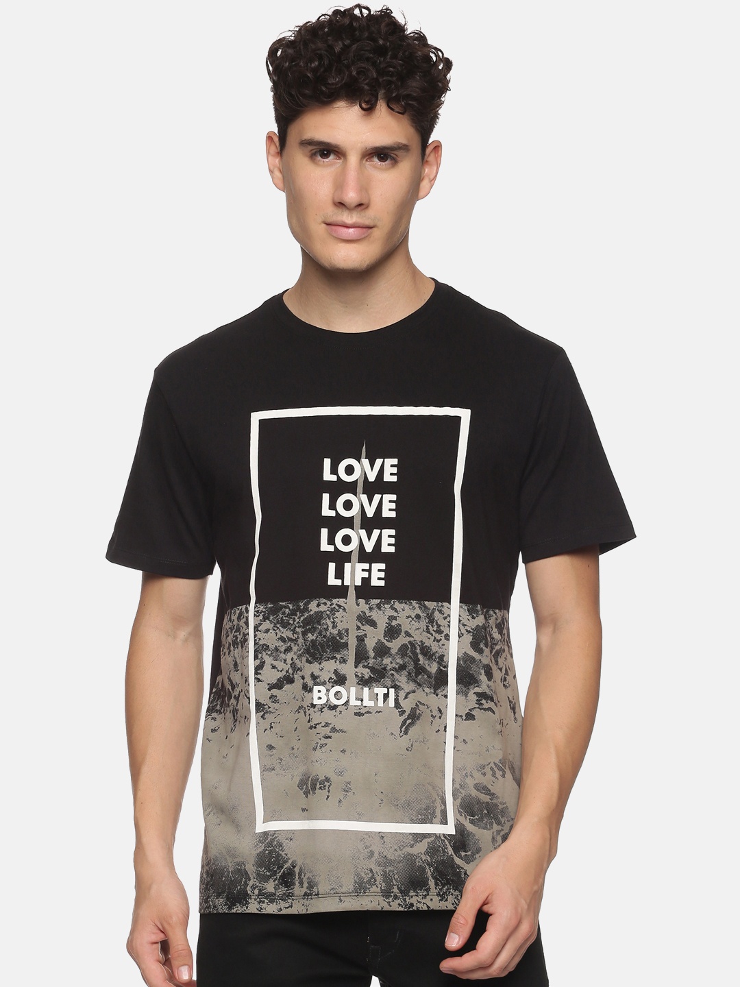 

bollti Typography Printed Pure Cotton T-shirt, Black