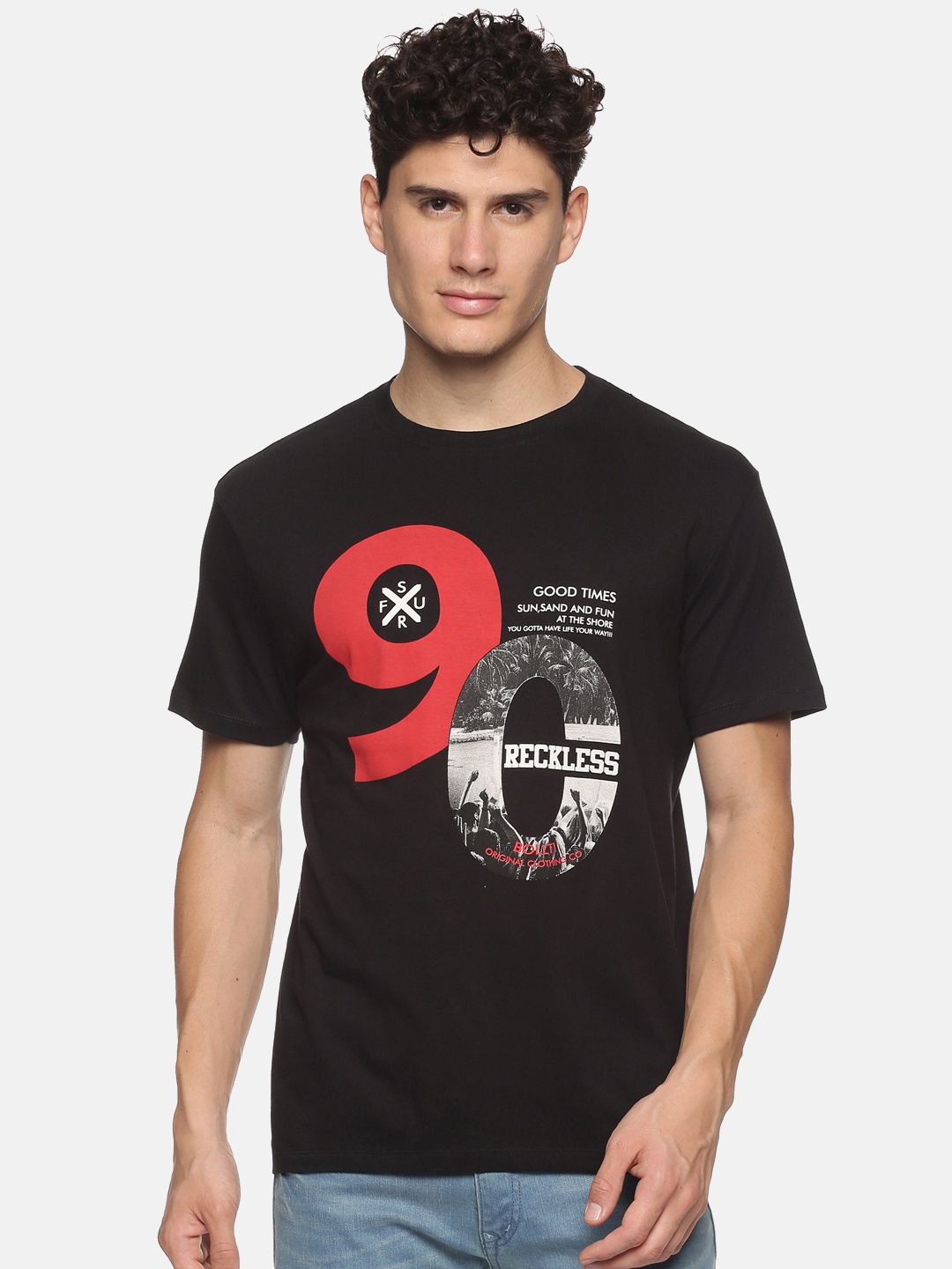 

bollti Typography Printed Round Neck Short Sleeves Pure Cotton T-shirt, Black