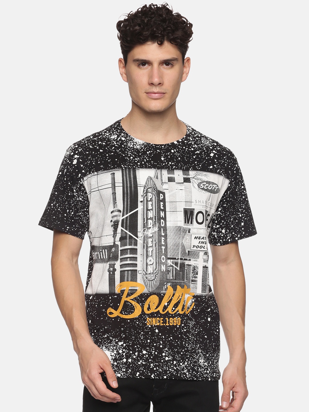

bollti Graphic Printed Pure Cotton Casual T-Shirt, Black