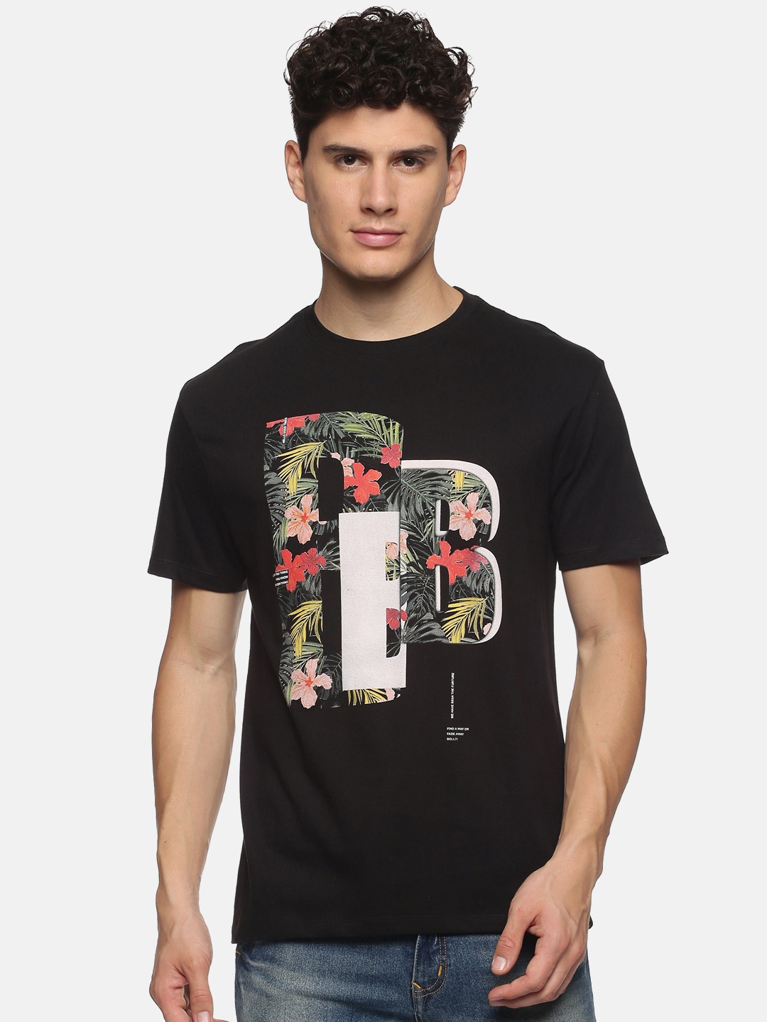 

bollti Floral Printed Cotton T-Shirt, Black