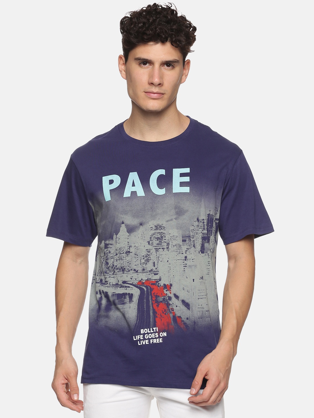 

bollti Graphic Printed Pure Cotton T-shirt, Navy blue