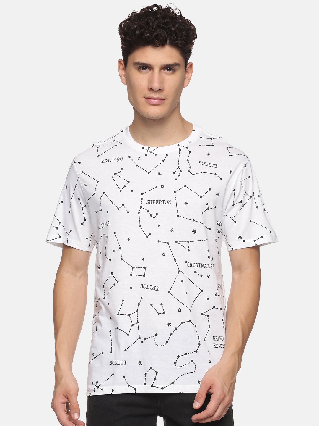 

bollti Geometric Printed Round Neck Cotton T-shirt, White