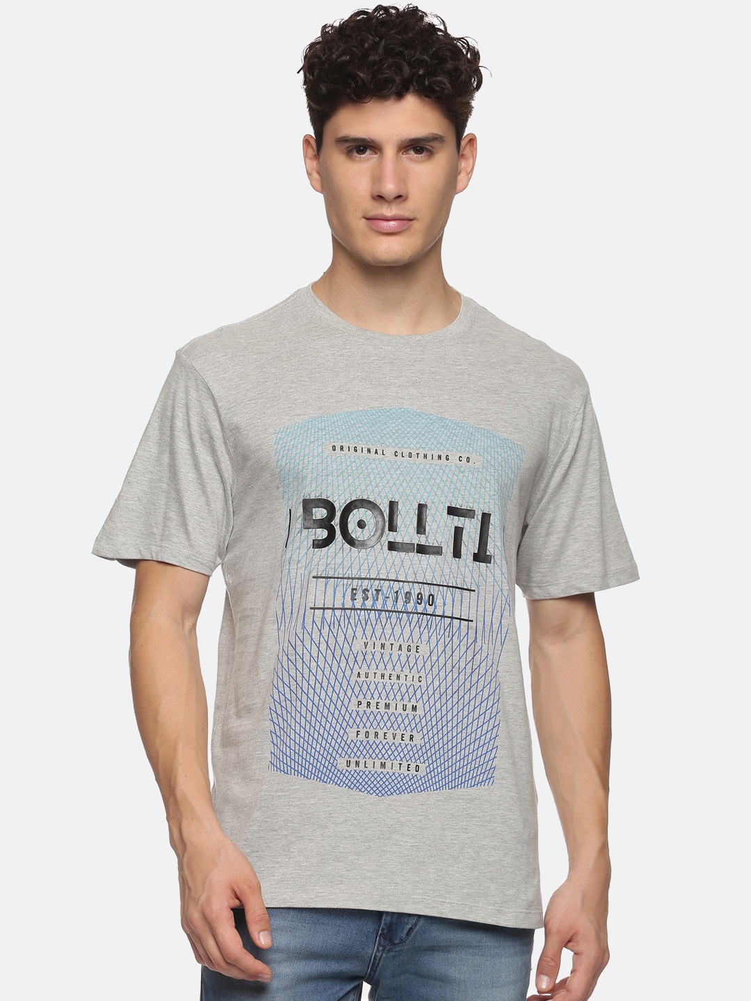 

bollti Typography Printed Cotton T-shirt, Grey