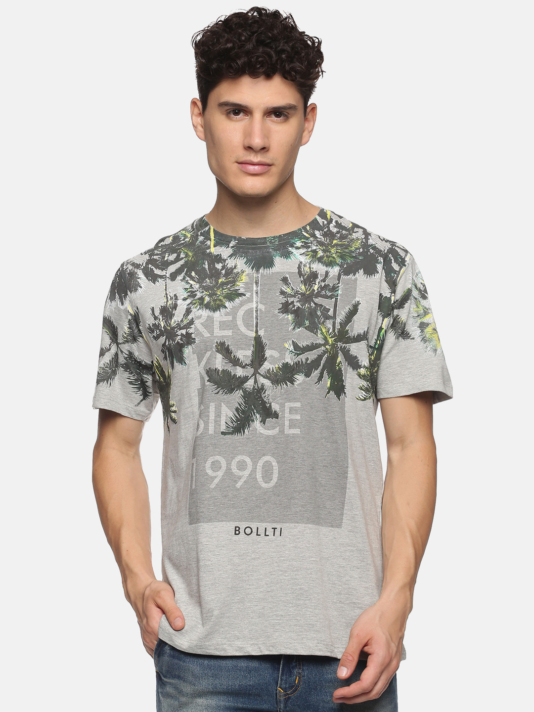 

bollti Printed Round Neck Cotton T-Shirt, Grey