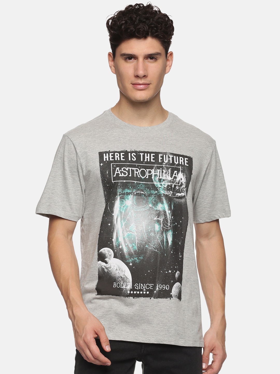 

bollti Graphic Printed Cotton T-Shirt, Grey