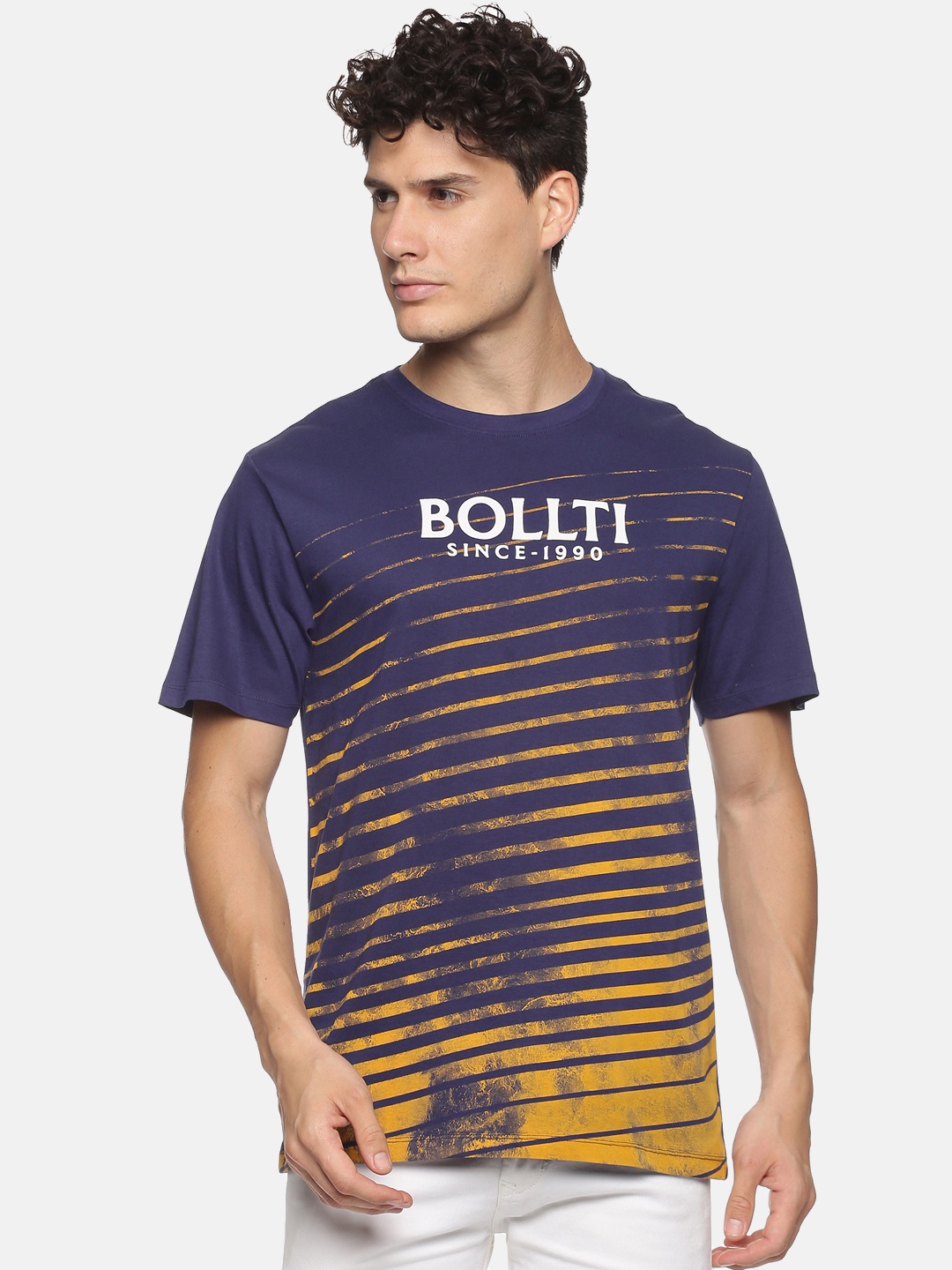 

bollti Striped Round Neck Short Sleeves Cotton T-shirt, Navy blue