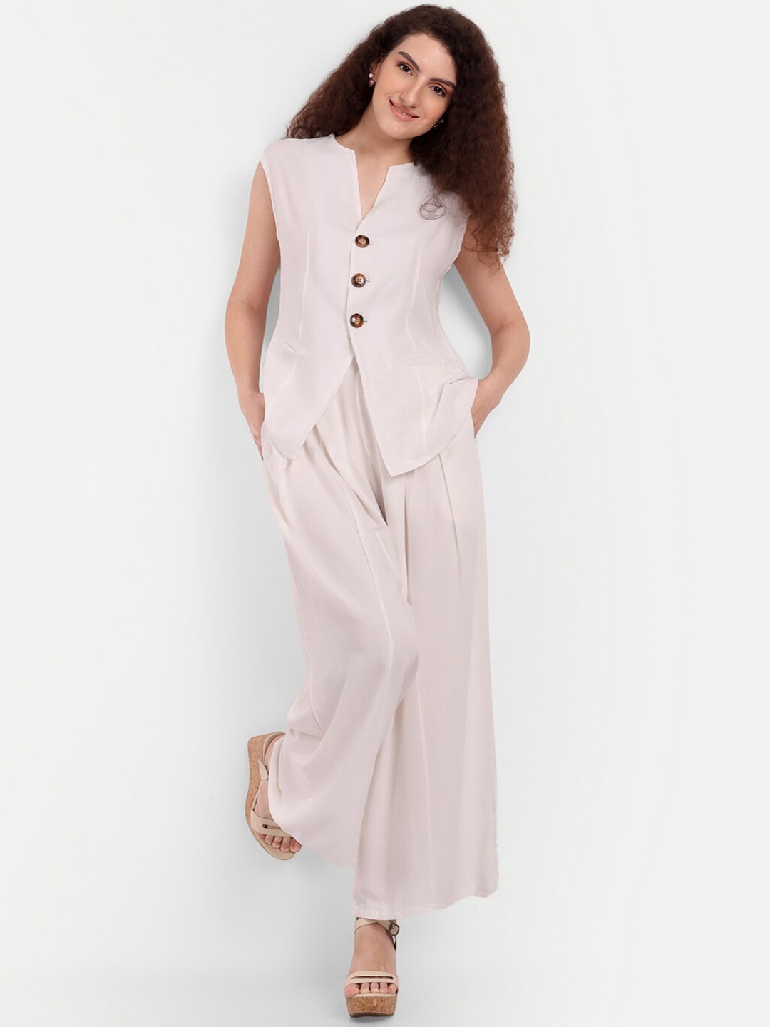 

iki chic Pure Cotton Front Button-Up Shirt With Palazzo, White
