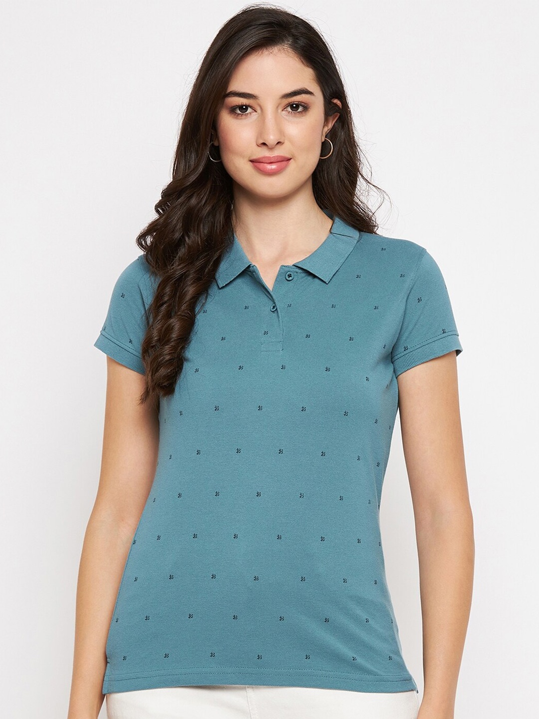 

Okane Conversational Printed Polo Collar Cotton T-shirt, Teal