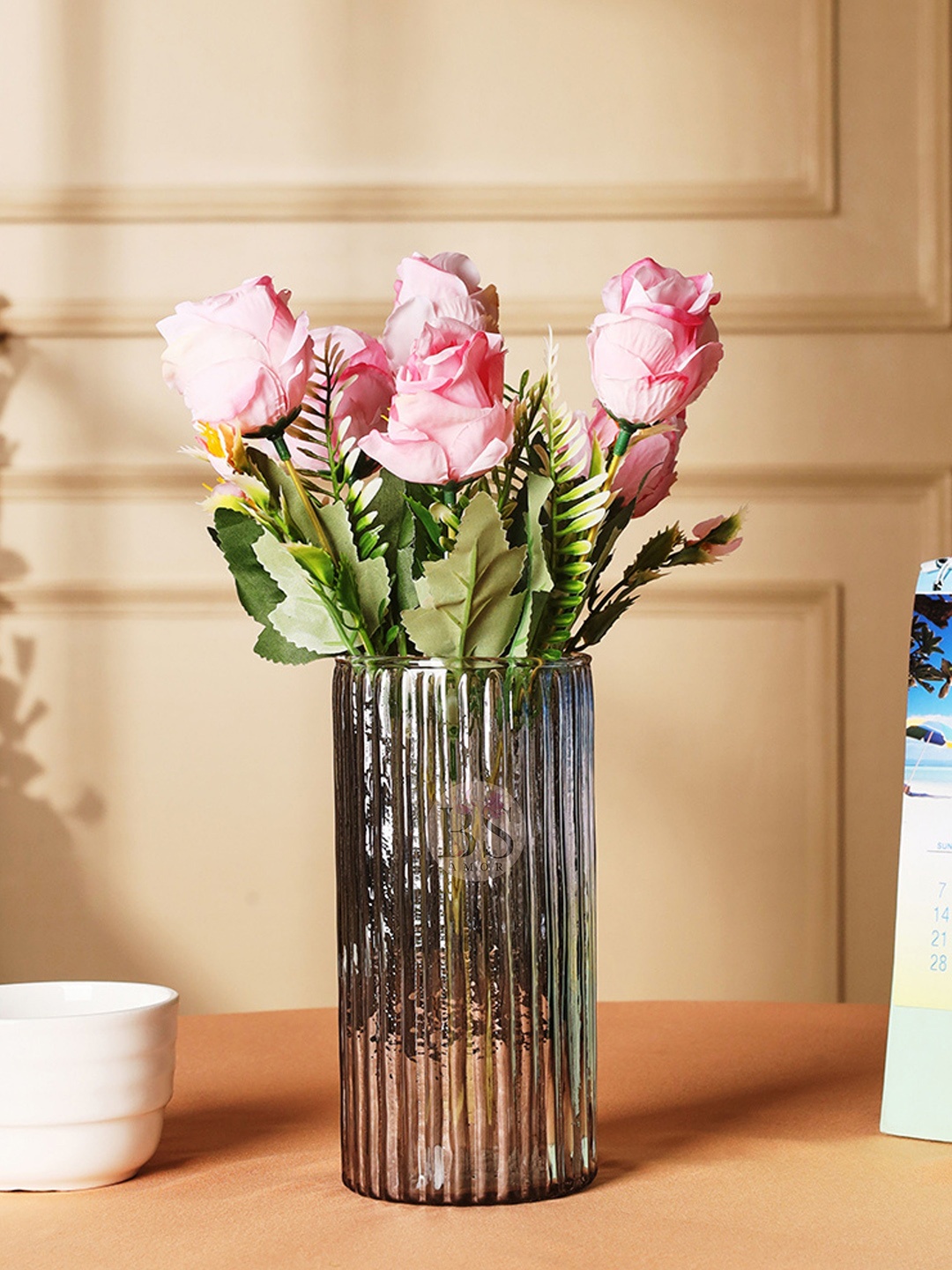 

BS AMOR Pink & Green Artificial Flowers With Glass Vase