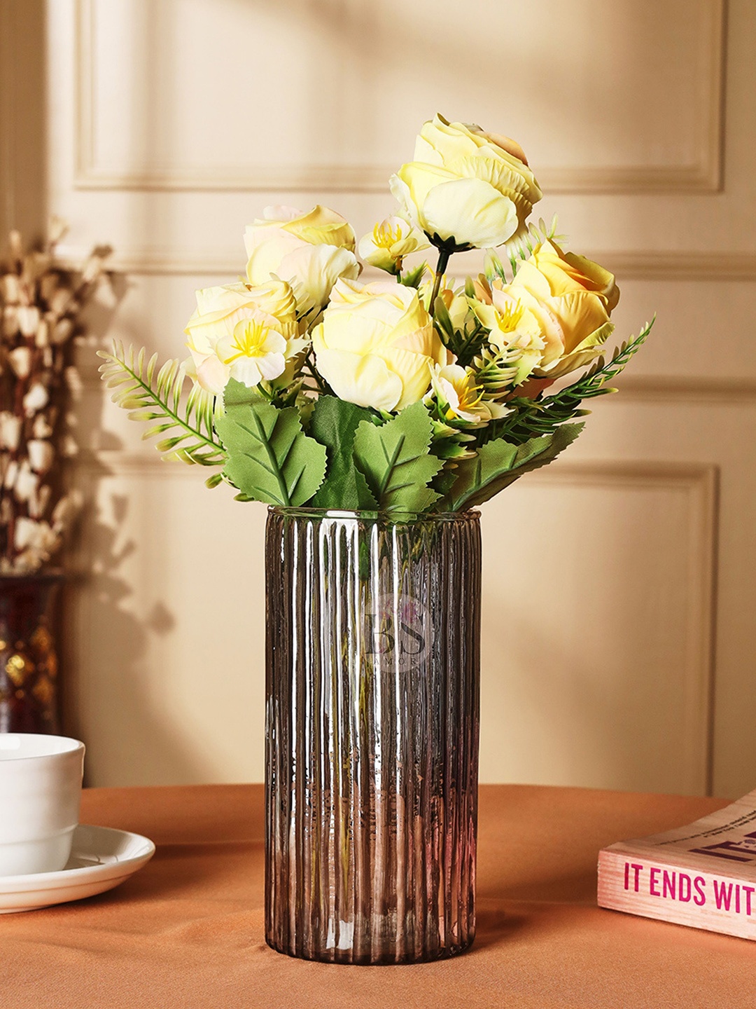 

BS AMOR Yellow Artificial Rose Flowers With Glass Vase