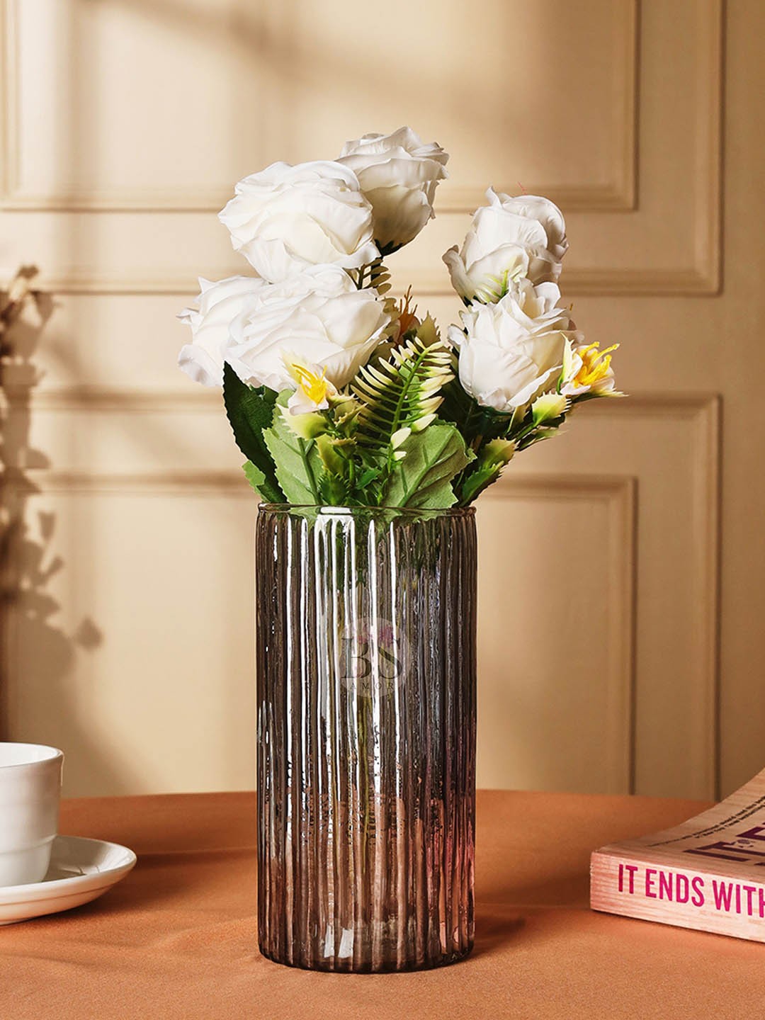 

BS AMOR White & Grey Rose Artificial Flowers With Vase
