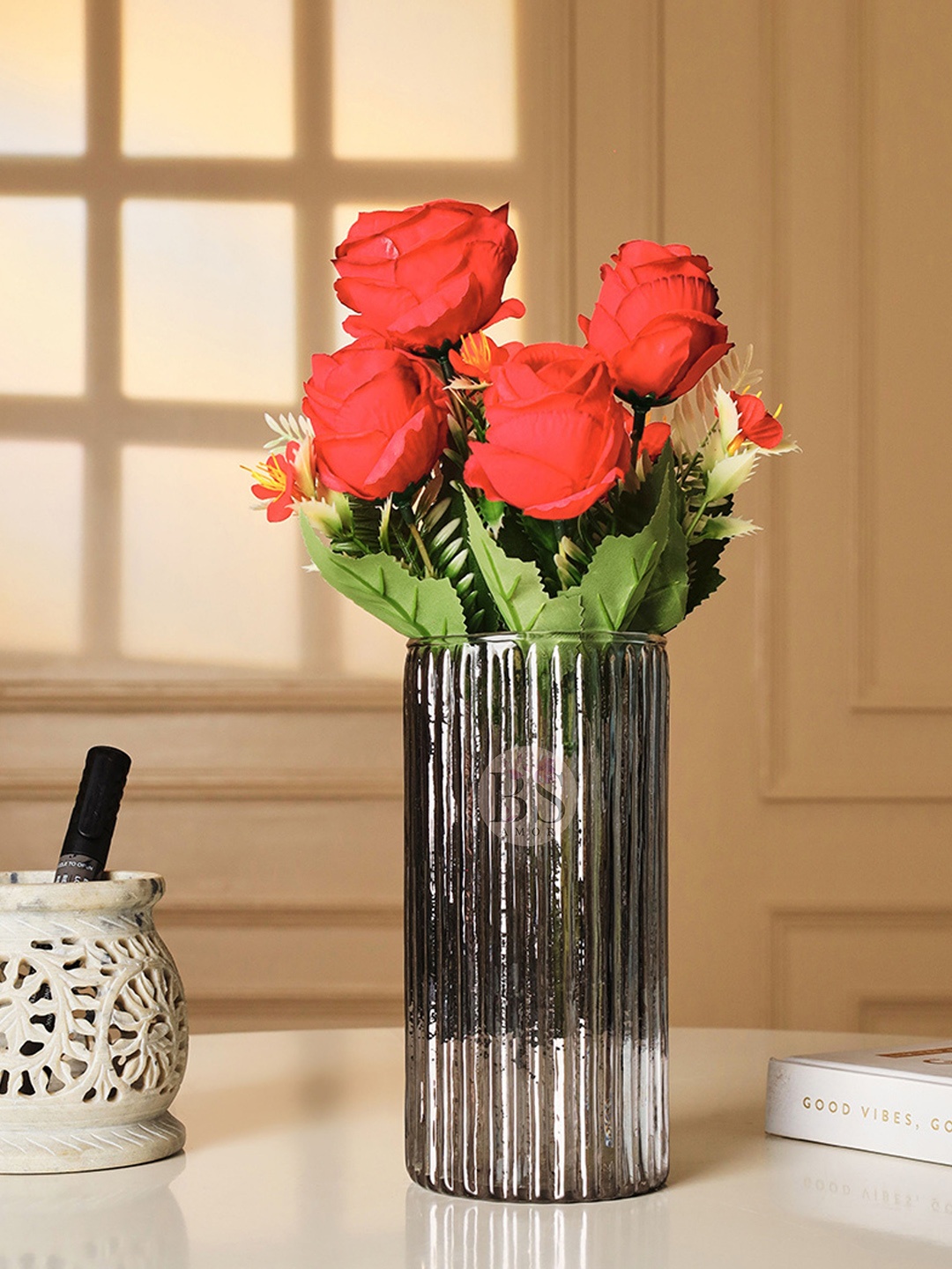 

BS AMOR Red Rose Artificial Flowers With Glass Vase