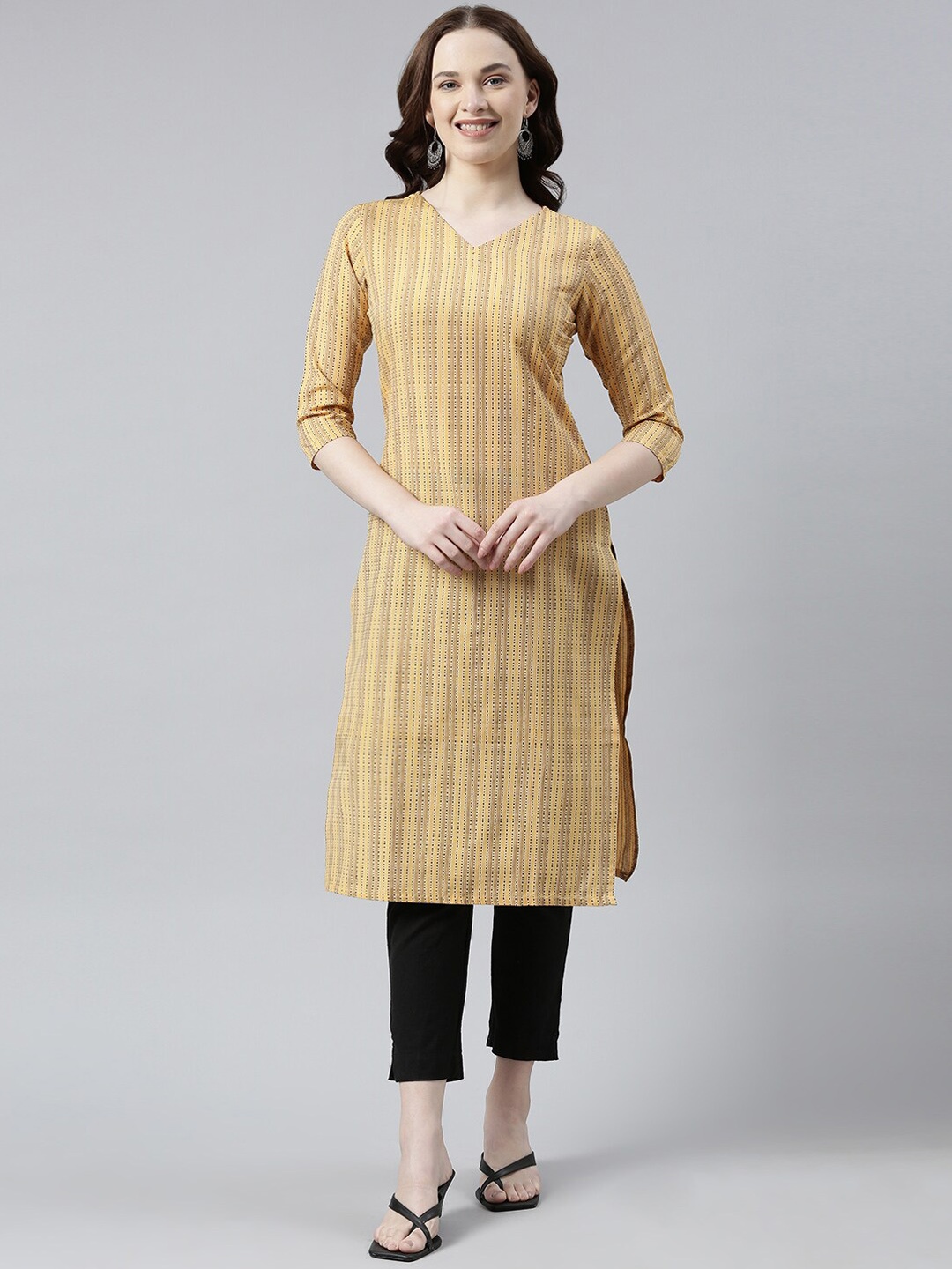 

KALINI Striped V-Neck Straight Kurta, Yellow