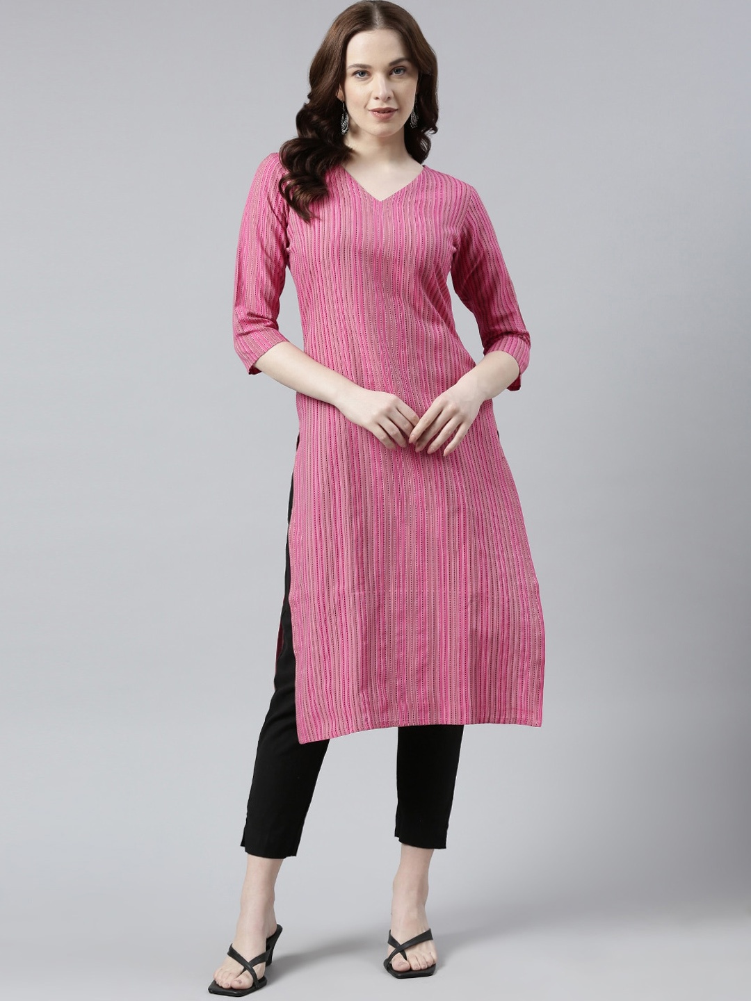 

KALINI Striped V-Neck Straight Kurta, Pink