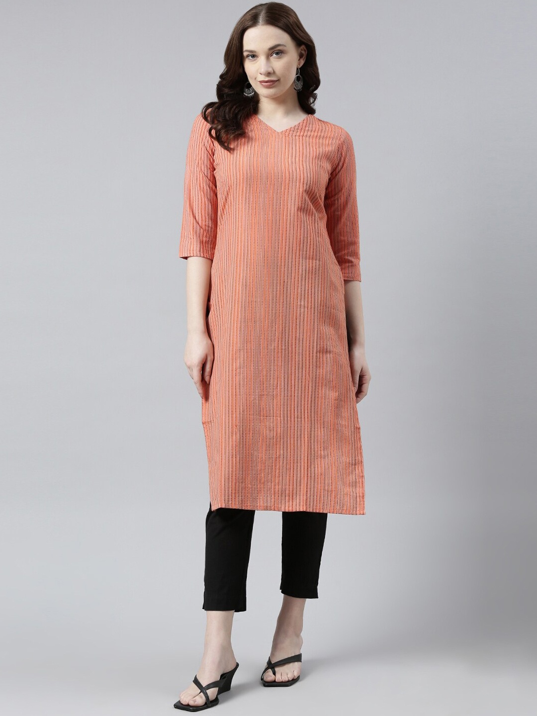 

KALINI Striped V-Neck Straight Kurta, Orange
