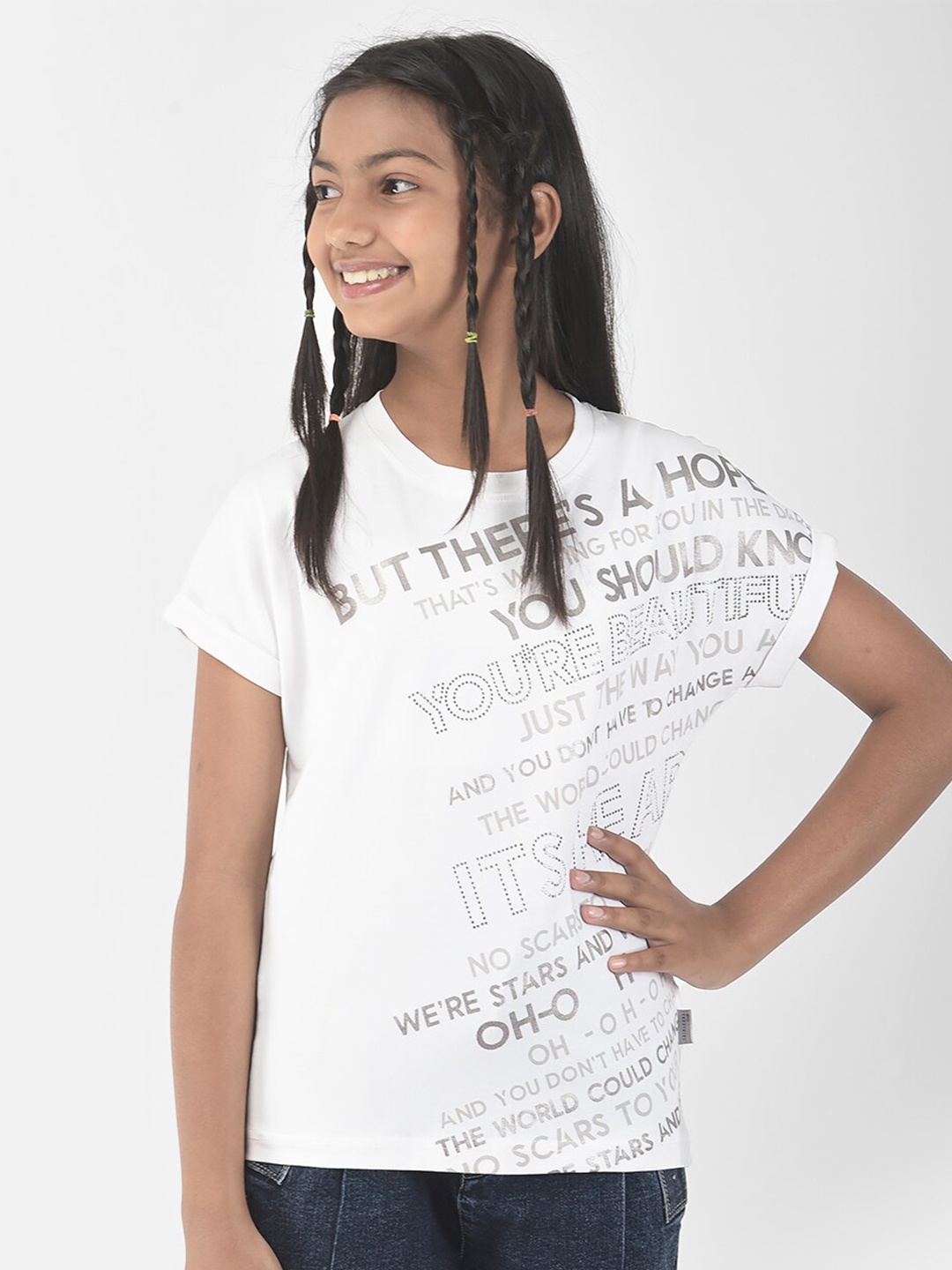 Crimsoune Club Girls Typography Printed T-shirt, White