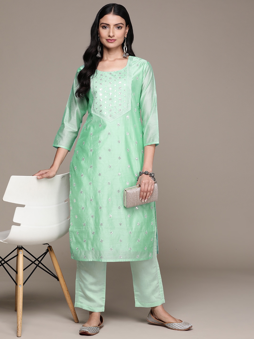 

Ishin Women Sea Green Embroidered Regular Sequinned Kurta with Trousers