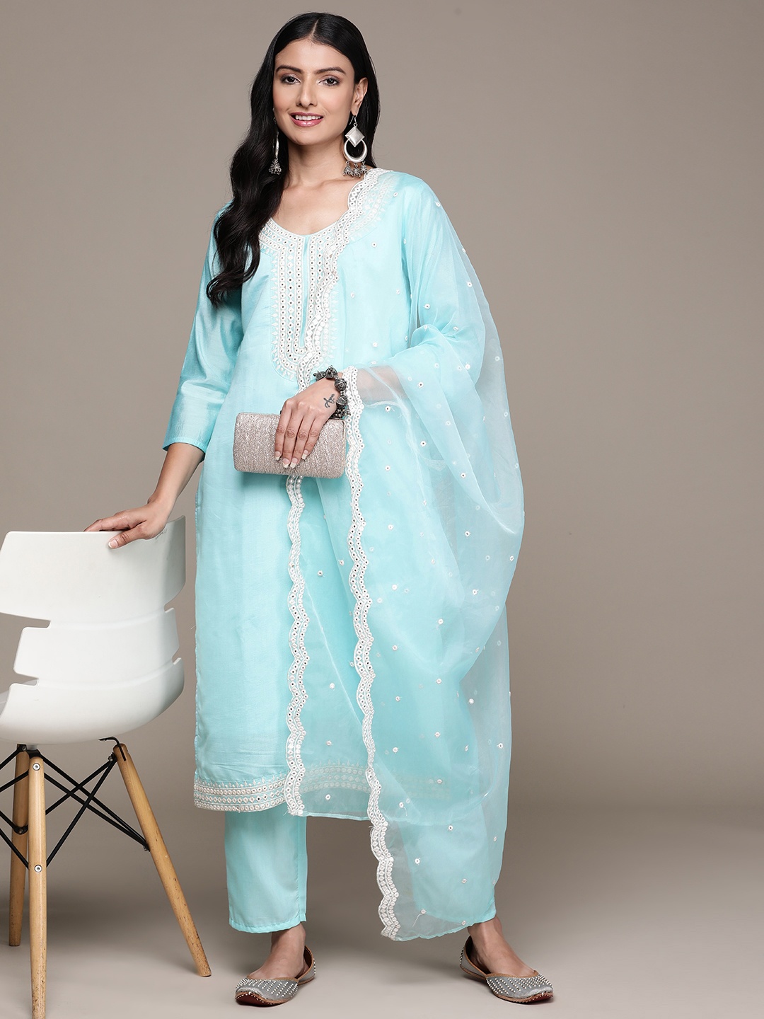 

Ishin Women Turquoise Blue Ethnic Motifs Embroidered Regular Mirror Work Kurta with Trousers & With Dupatta
