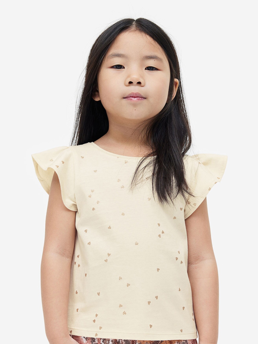 

H&M Girls Flutter-Sleeved Jersey Top, Beige