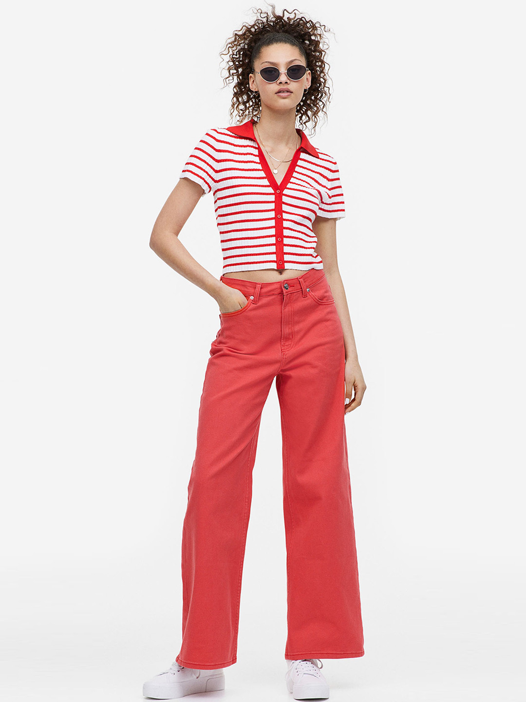

H&M Women Wide Twill Trousers, Red